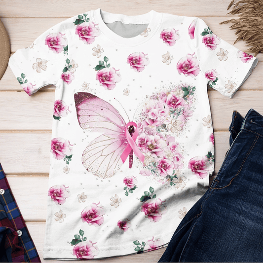 T-shirt et sweat à capuche « Papillon et fleurs contre le cancer du sein » (0822)