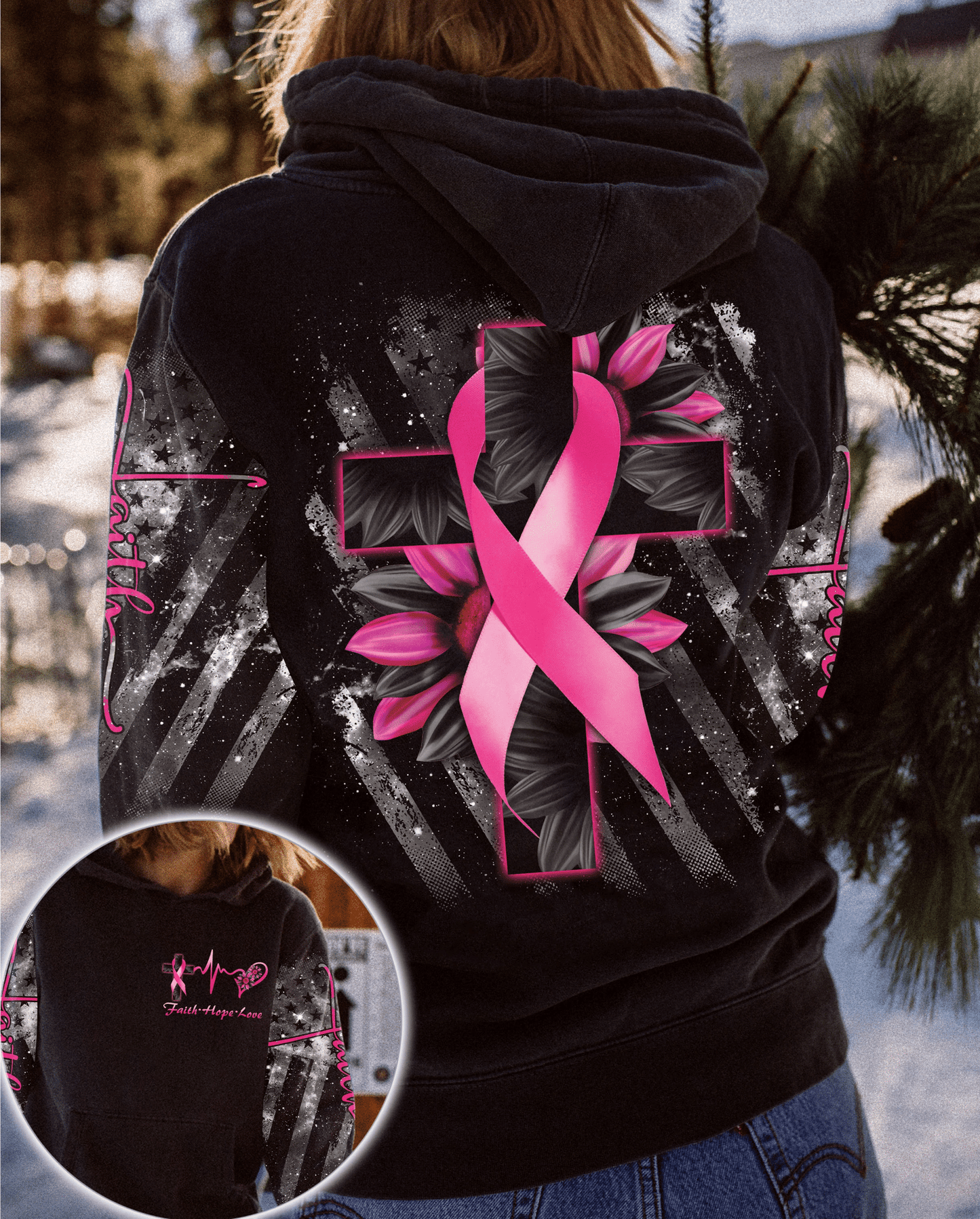 T-shirt et sweat à capuche Faith Cross Sunflower Breast Cancer - Sensibilisation au cancer du sein (0822)