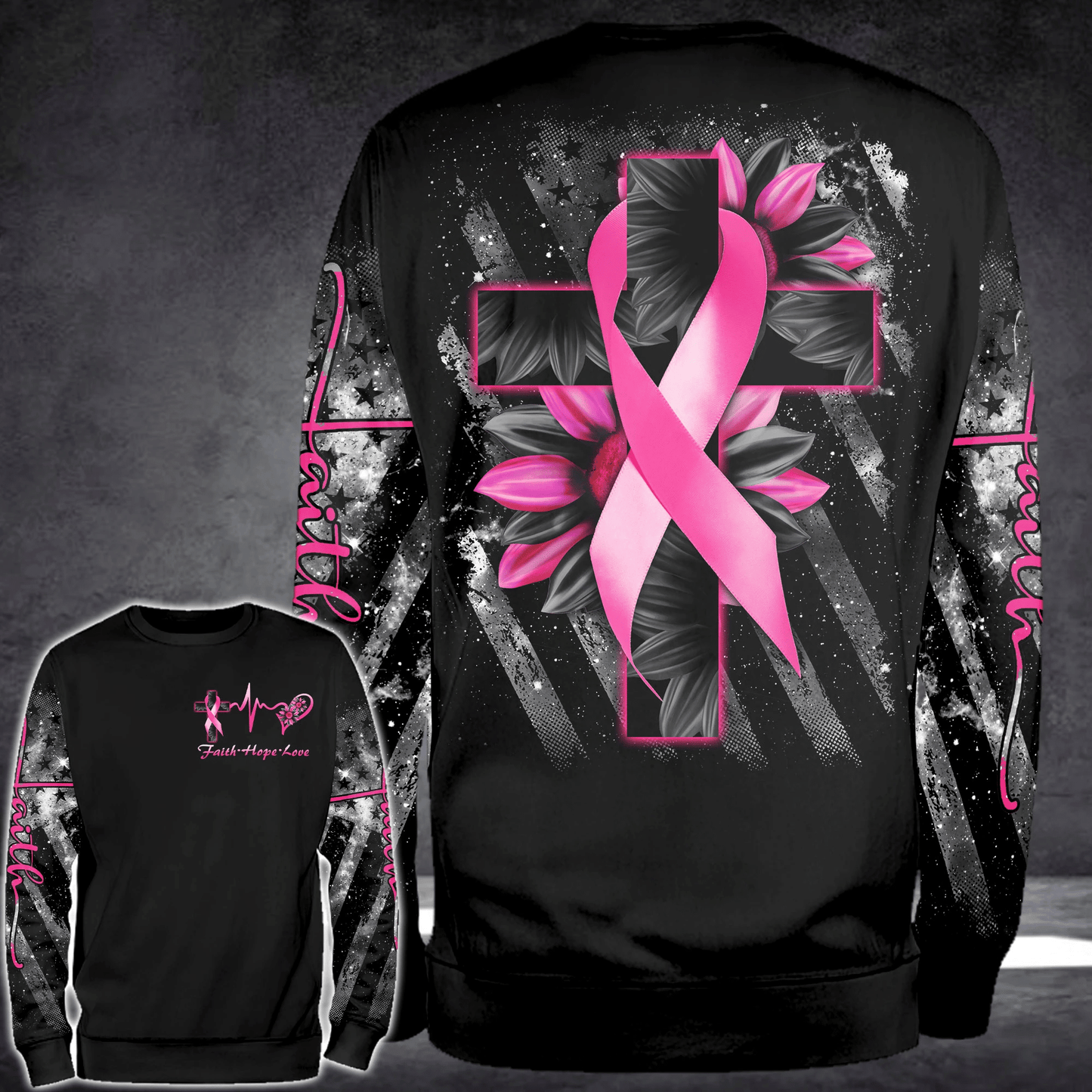 T-shirt et sweat à capuche Faith Cross Sunflower Breast Cancer - Sensibilisation au cancer du sein (0822)