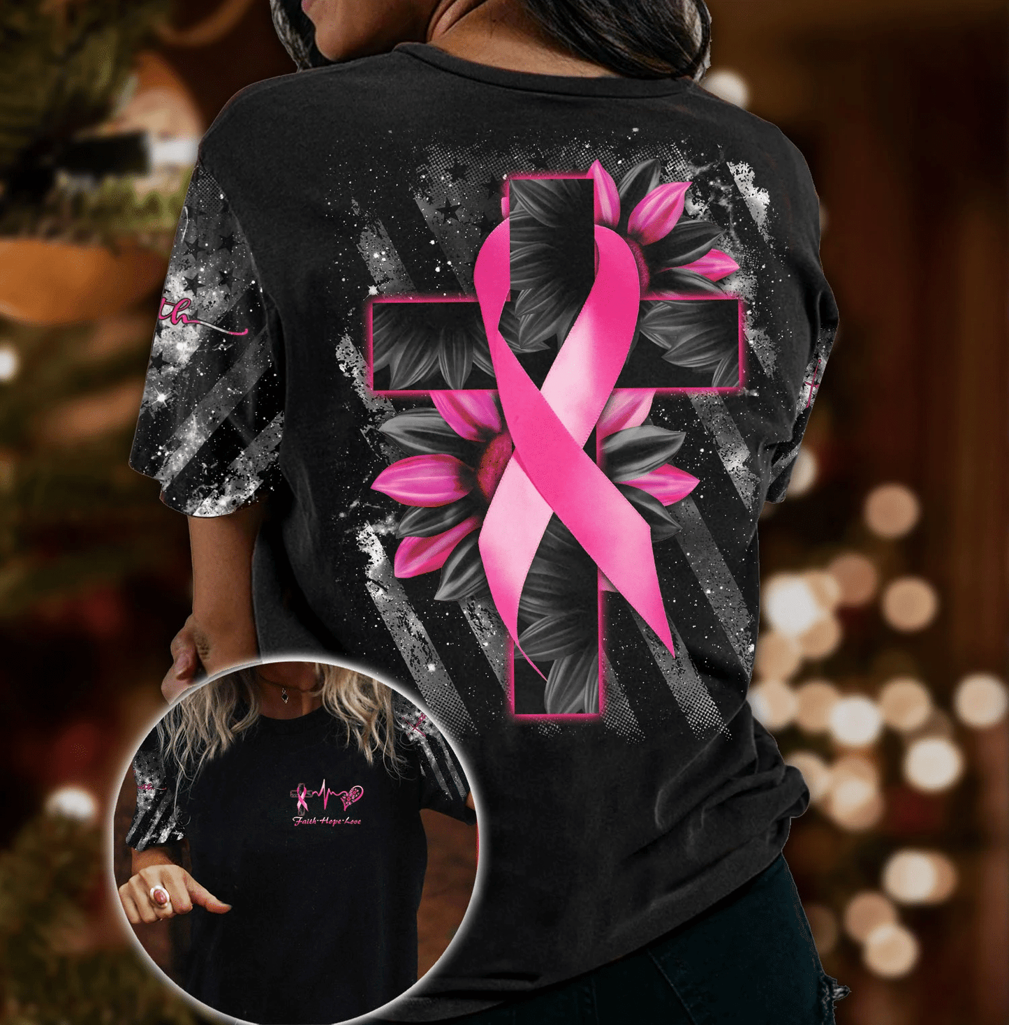 T-shirt et sweat à capuche Faith Cross Sunflower Breast Cancer - Sensibilisation au cancer du sein (0822)