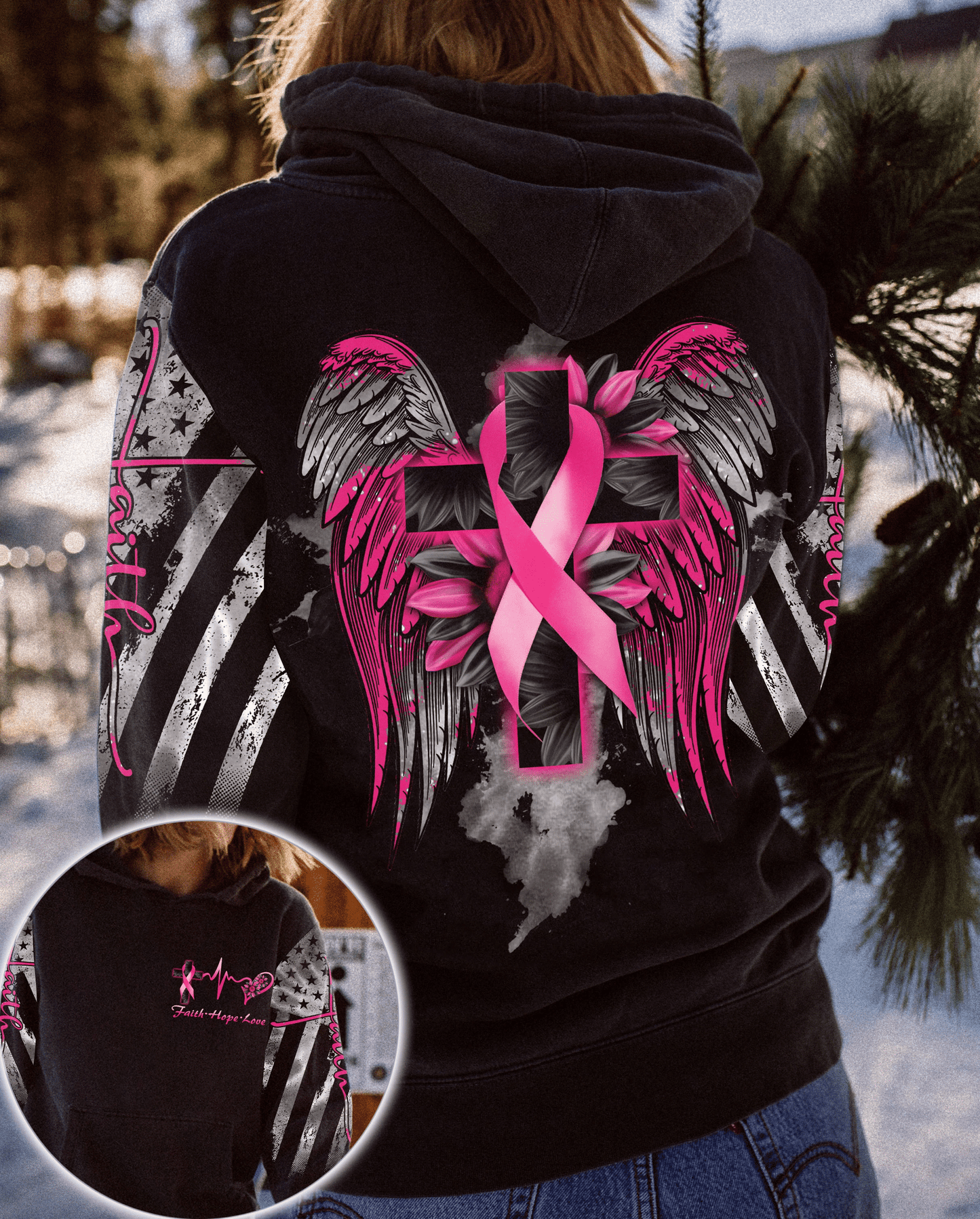 T-shirt et sweat à capuche « Sensibilisation au cancer du sein » avec tournesol et ailes croisées (réf. 0822)