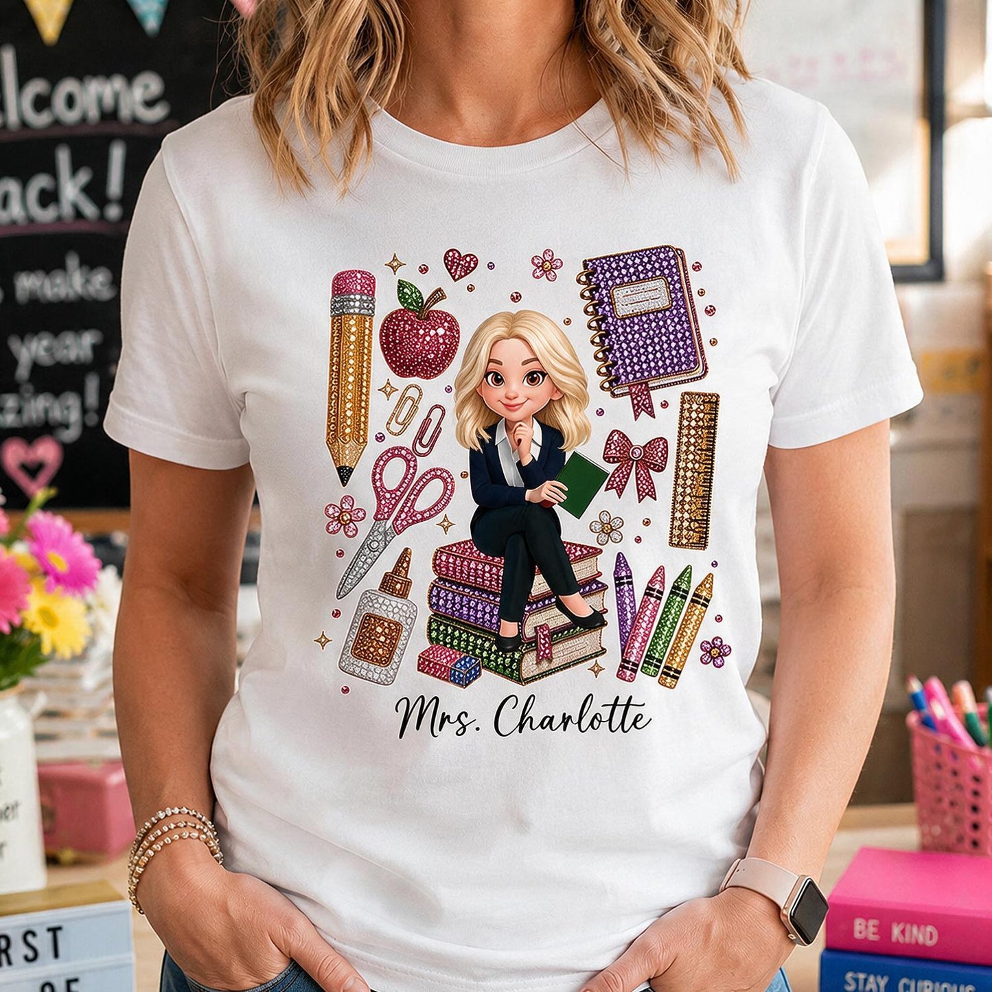 Personalized Blonde Teacher Faux Rhinestone School Supplies Shirt – Custom Name Back To School Gift For Teacher