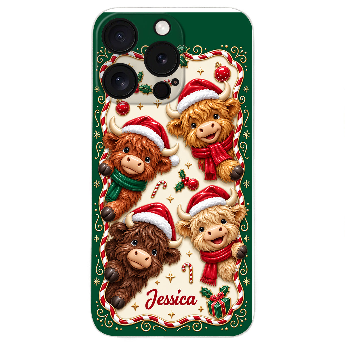 Merry Christmas Cute Highland Cows - Personalized Highland Cow 3D Embossed Leather Phone Case