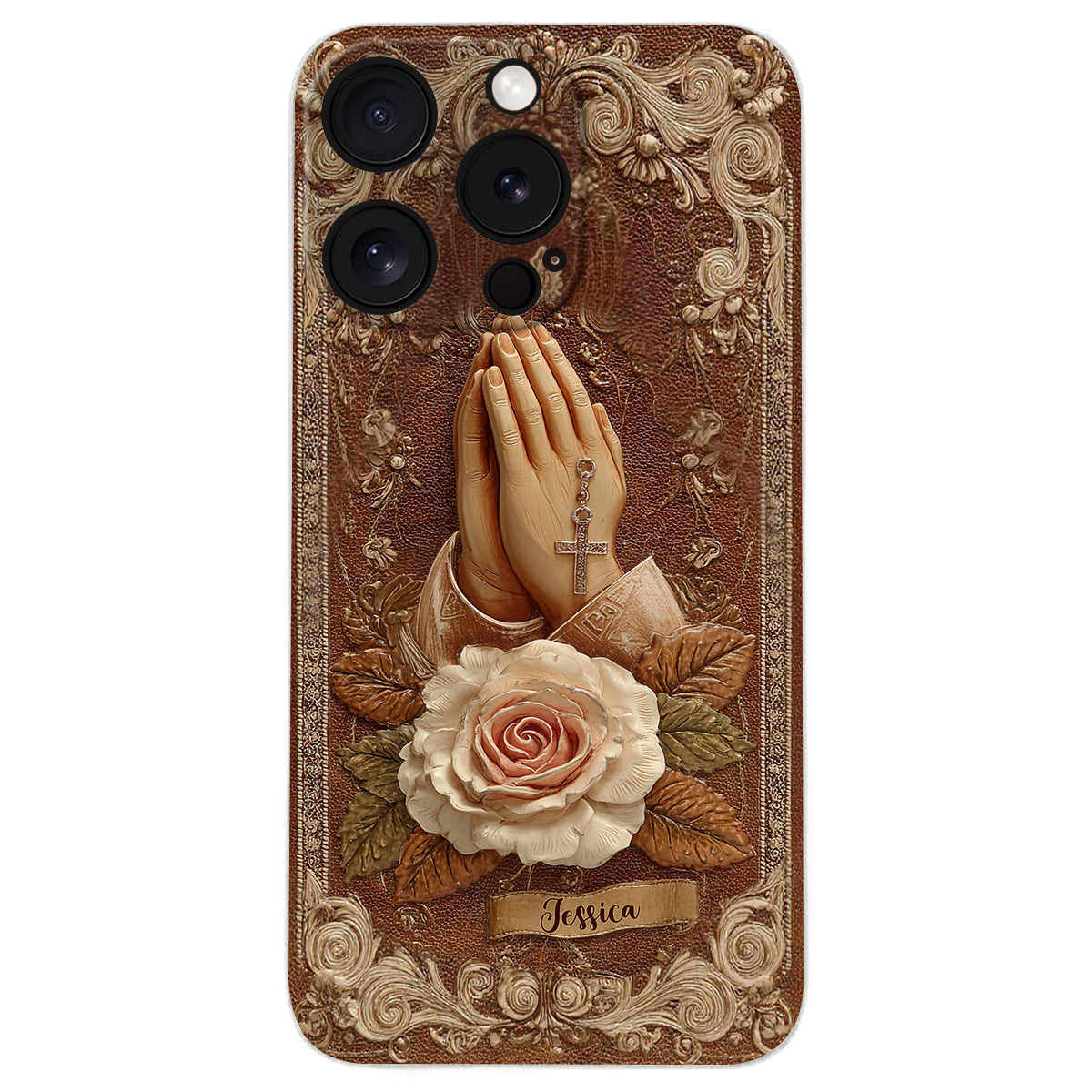 Praying Hands With Roses - Personalized Christian Leather Phone Case