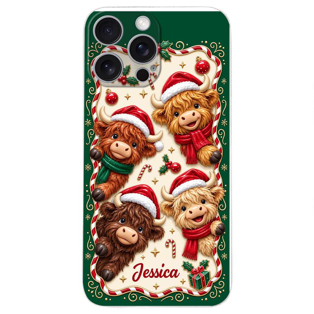 Merry Christmas Cute Highland Cows - Personalized Highland Cow 3D Embossed Leather Phone Case