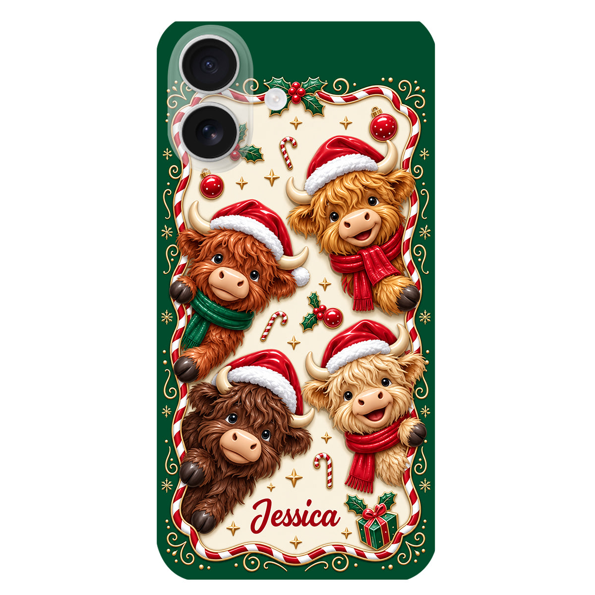 Merry Christmas Cute Highland Cows - Personalized Highland Cow 3D Embossed Leather Phone Case