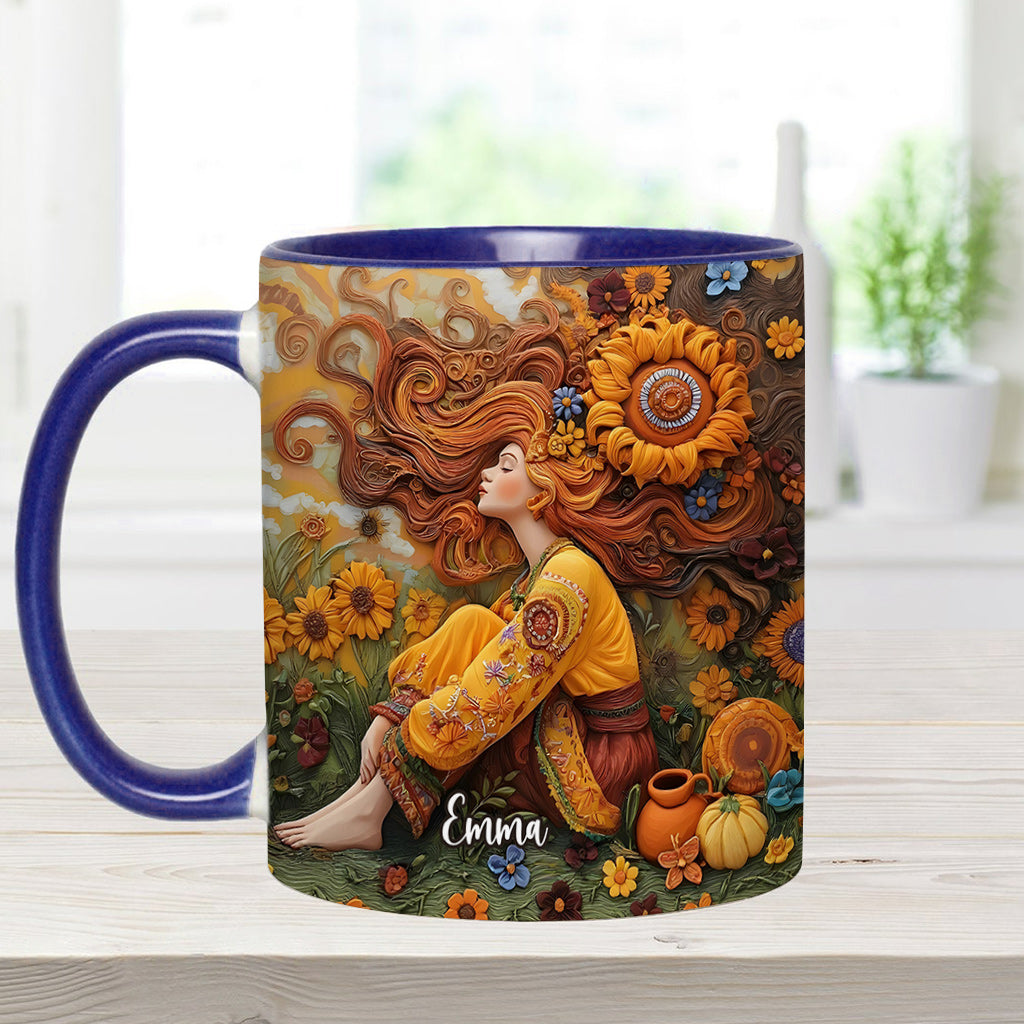 Hippie-Mädchen, Hippie-Seele, Frieden, Liebe – Personalisierte Tasse mit Hippie-Akzent