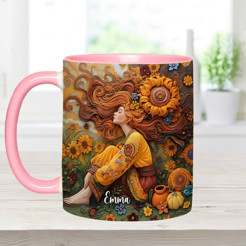 Hippie-Mädchen, Hippie-Seele, Frieden, Liebe – Personalisierte Tasse mit Hippie-Akzent