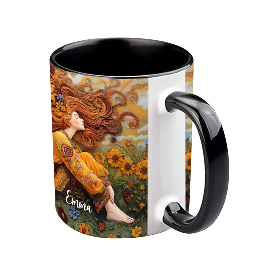 Hippie-Mädchen, Hippie-Seele, Frieden, Liebe – Personalisierte Tasse mit Hippie-Akzent