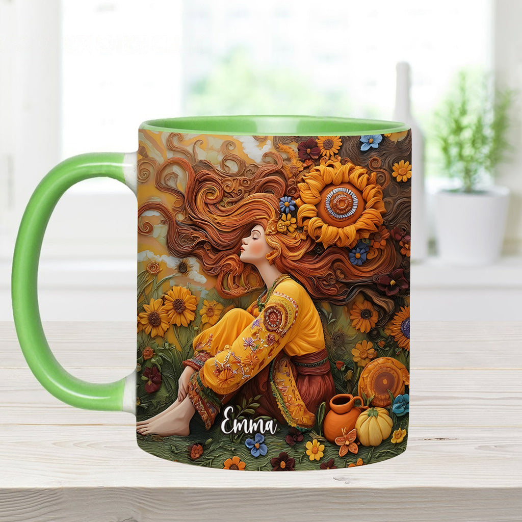 Hippie-Mädchen, Hippie-Seele, Frieden, Liebe – Personalisierte Tasse mit Hippie-Akzent