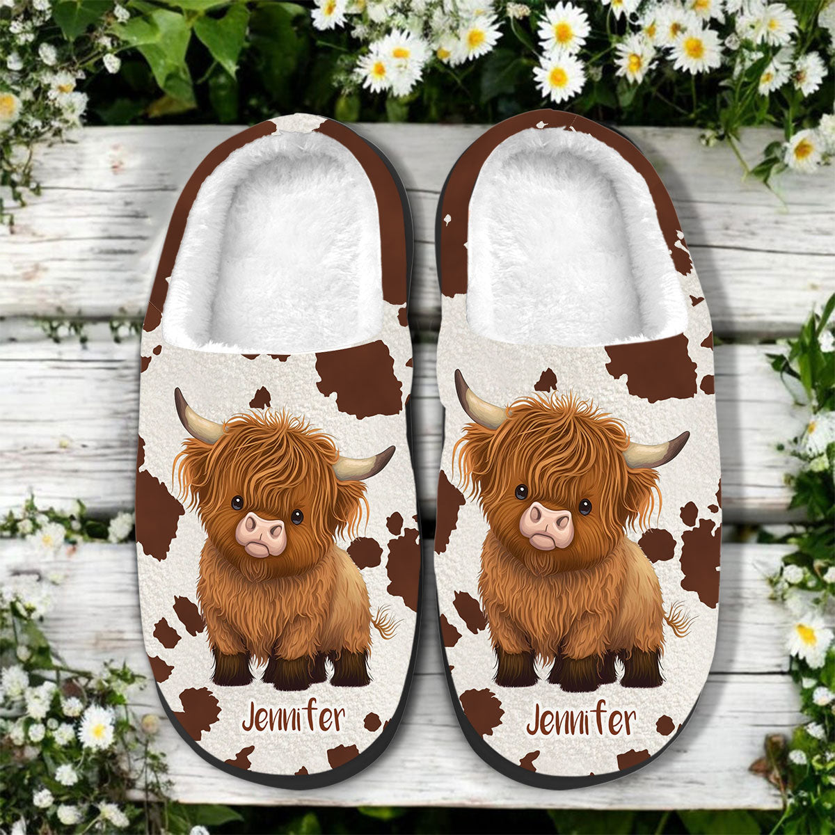 Pantoufles personnalisées « J’adore les vaches des Highlands »