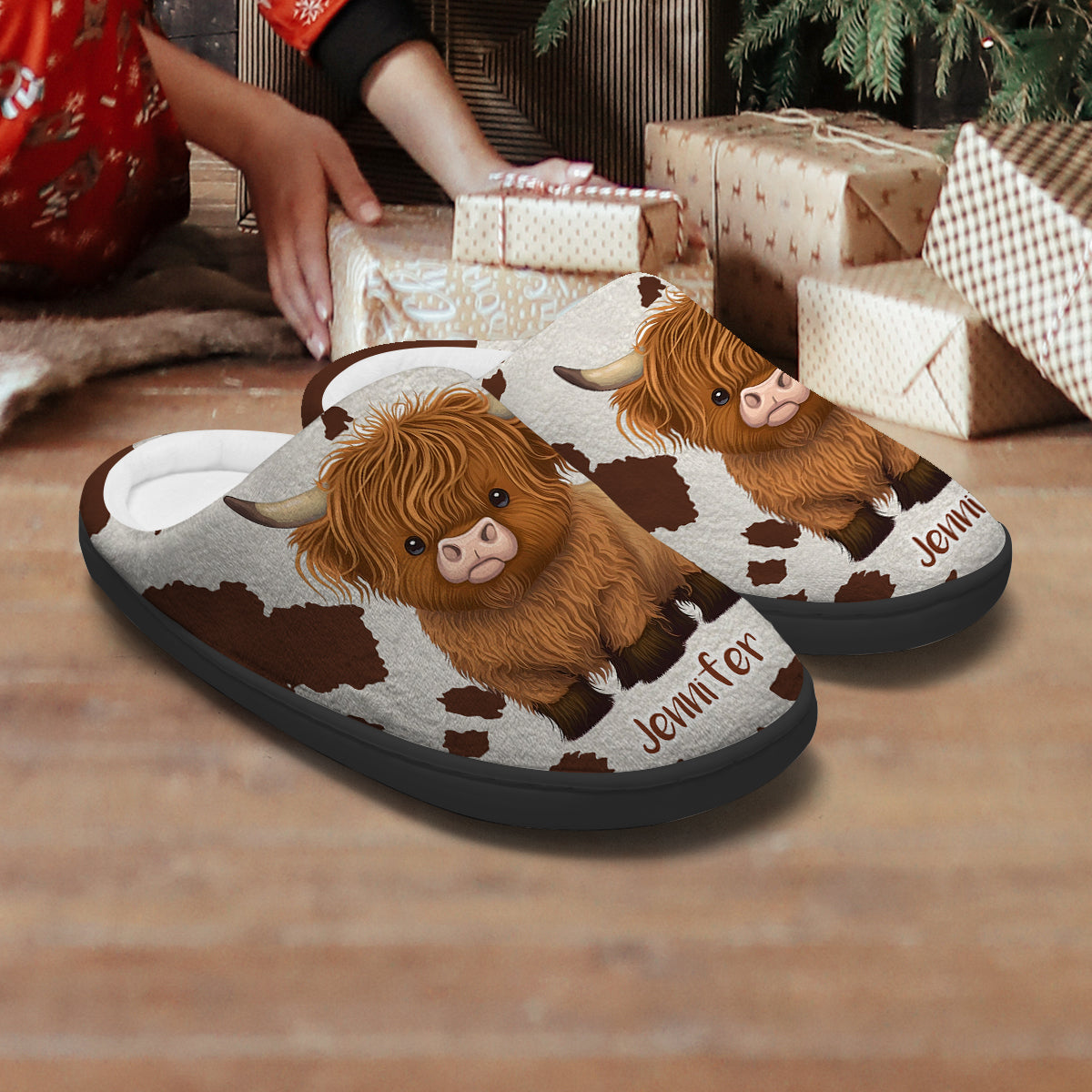 Pantoufles personnalisées « J’adore les vaches des Highlands »
