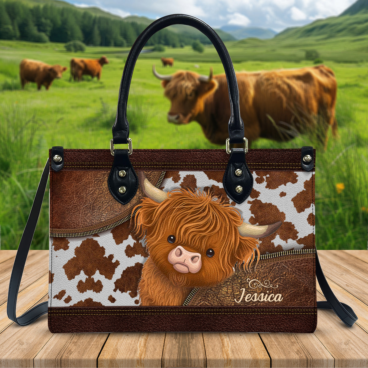 Sac à main en cuir personnalisé « J’adore les vaches des Highlands »