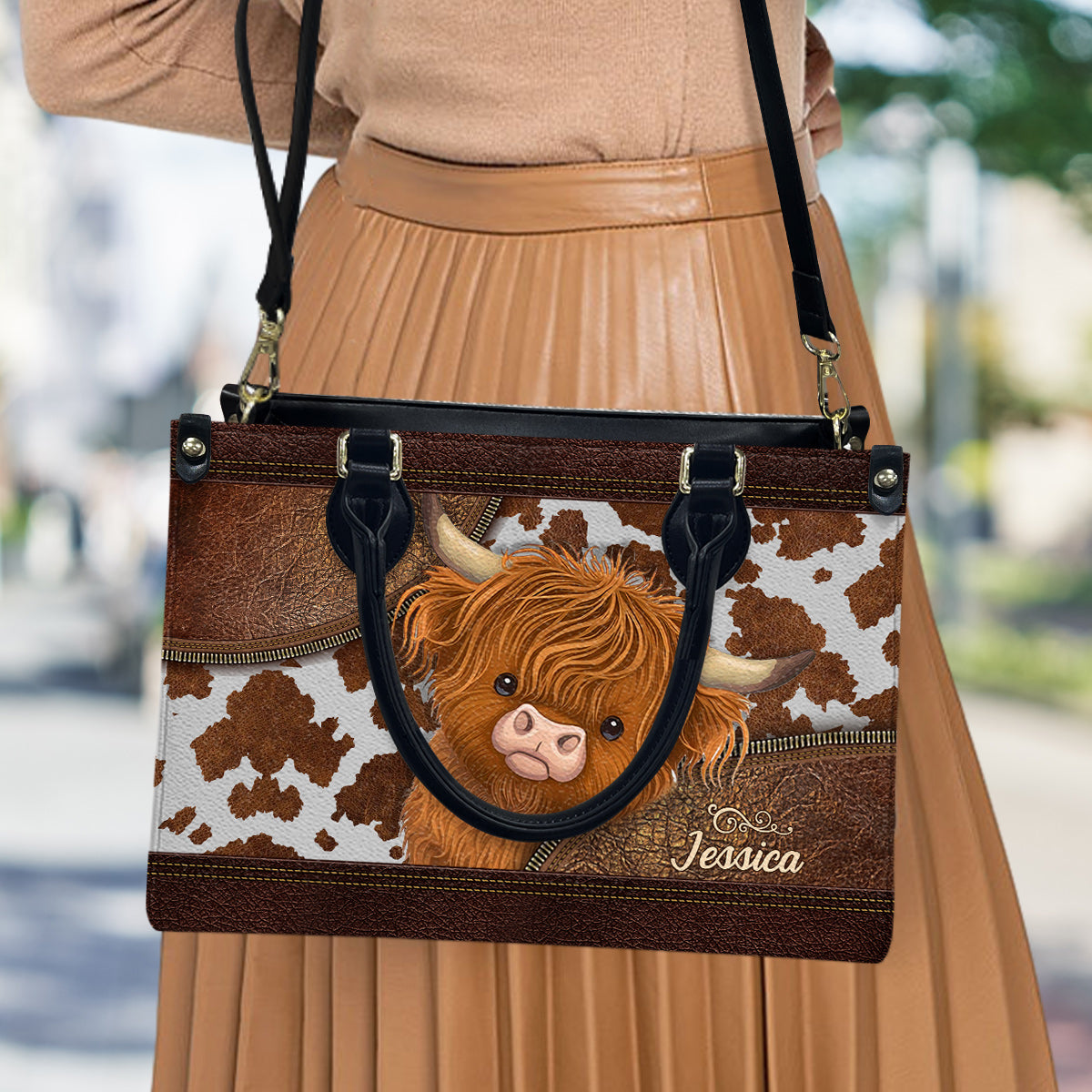 Sac à main en cuir personnalisé « J’adore les vaches des Highlands »