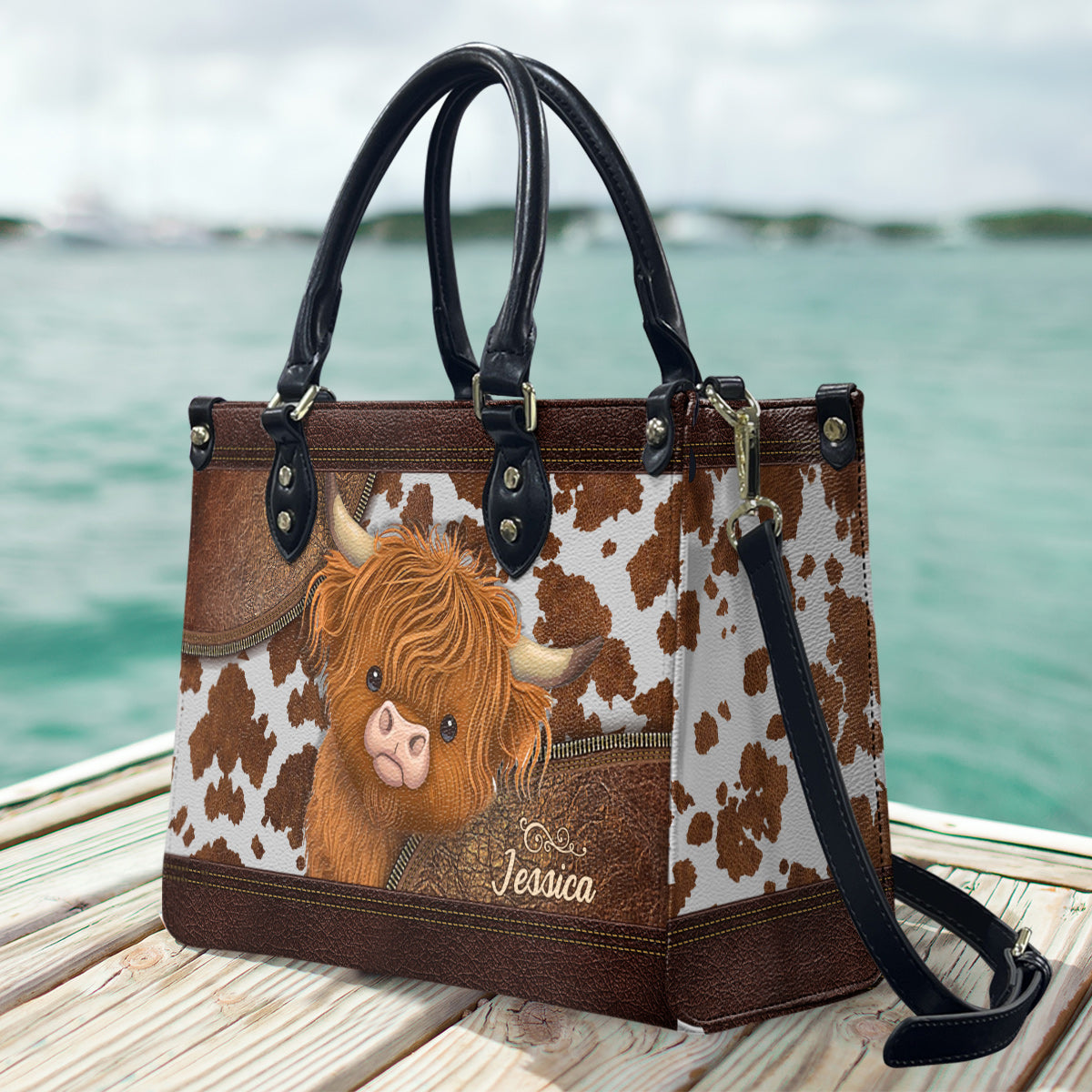 Sac à main en cuir personnalisé « J’adore les vaches des Highlands »