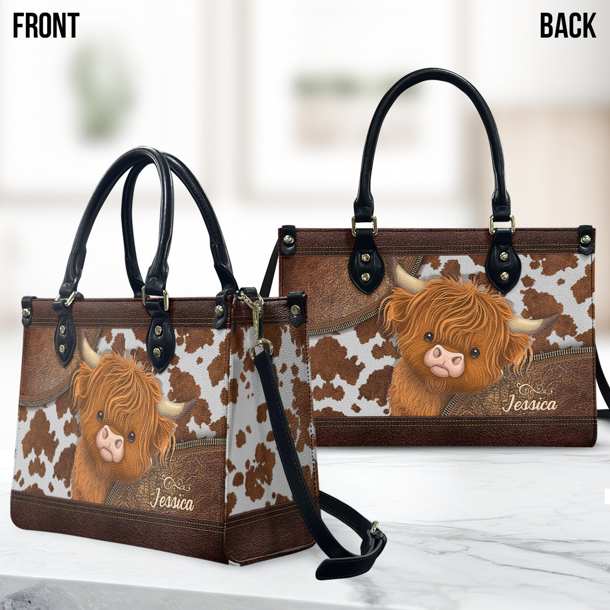Sac à main en cuir personnalisé « J’adore les vaches des Highlands »