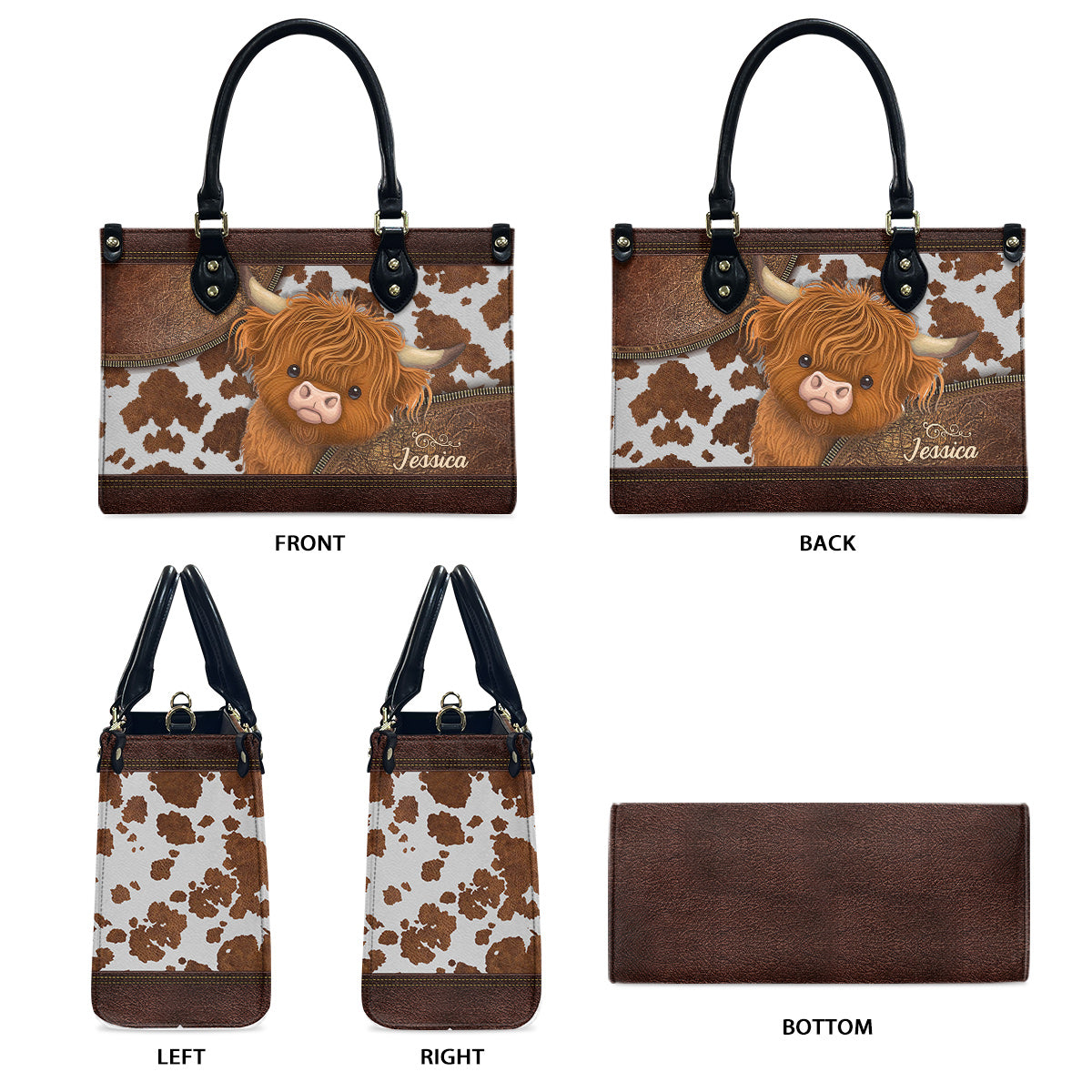 Sac à main en cuir personnalisé « J’adore les vaches des Highlands »