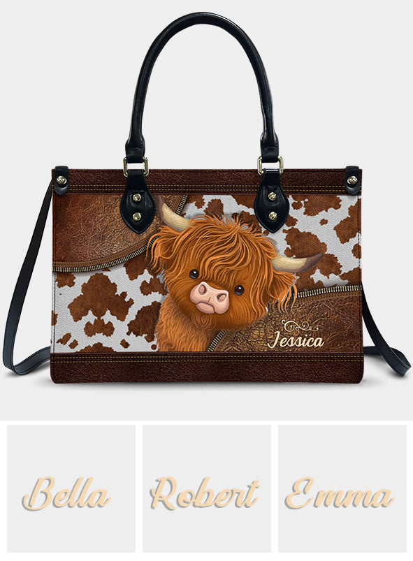 Sac à main en cuir personnalisé « J’adore les vaches des Highlands »