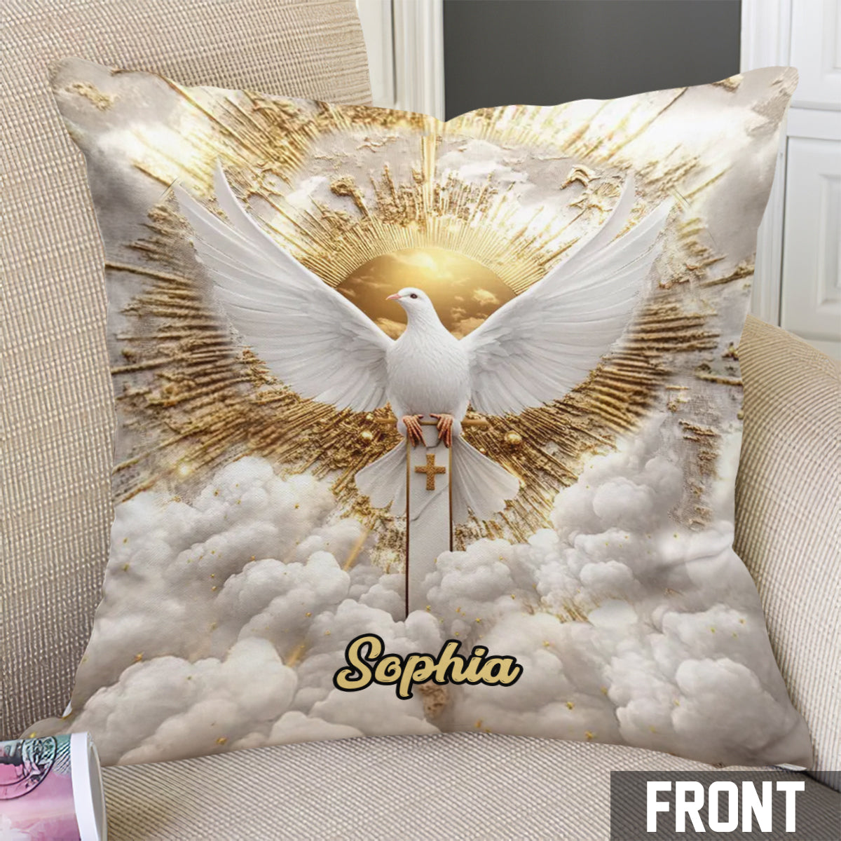 Coussin décoratif chrétien personnalisé « Colombe de la paix »