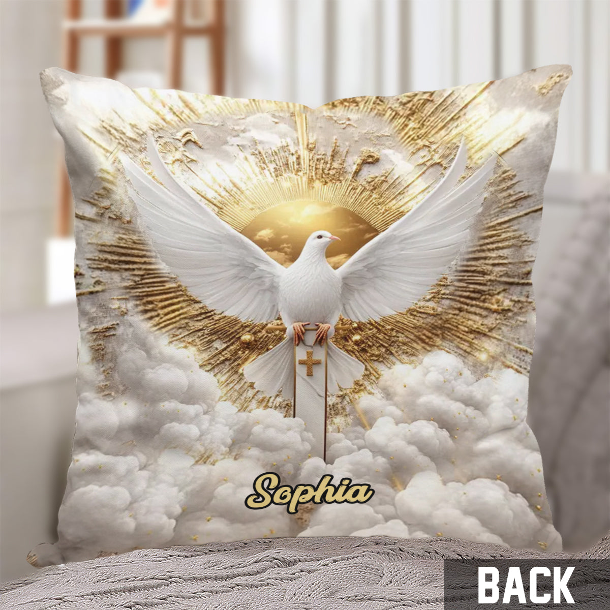 Coussin décoratif chrétien personnalisé « Colombe de la paix »