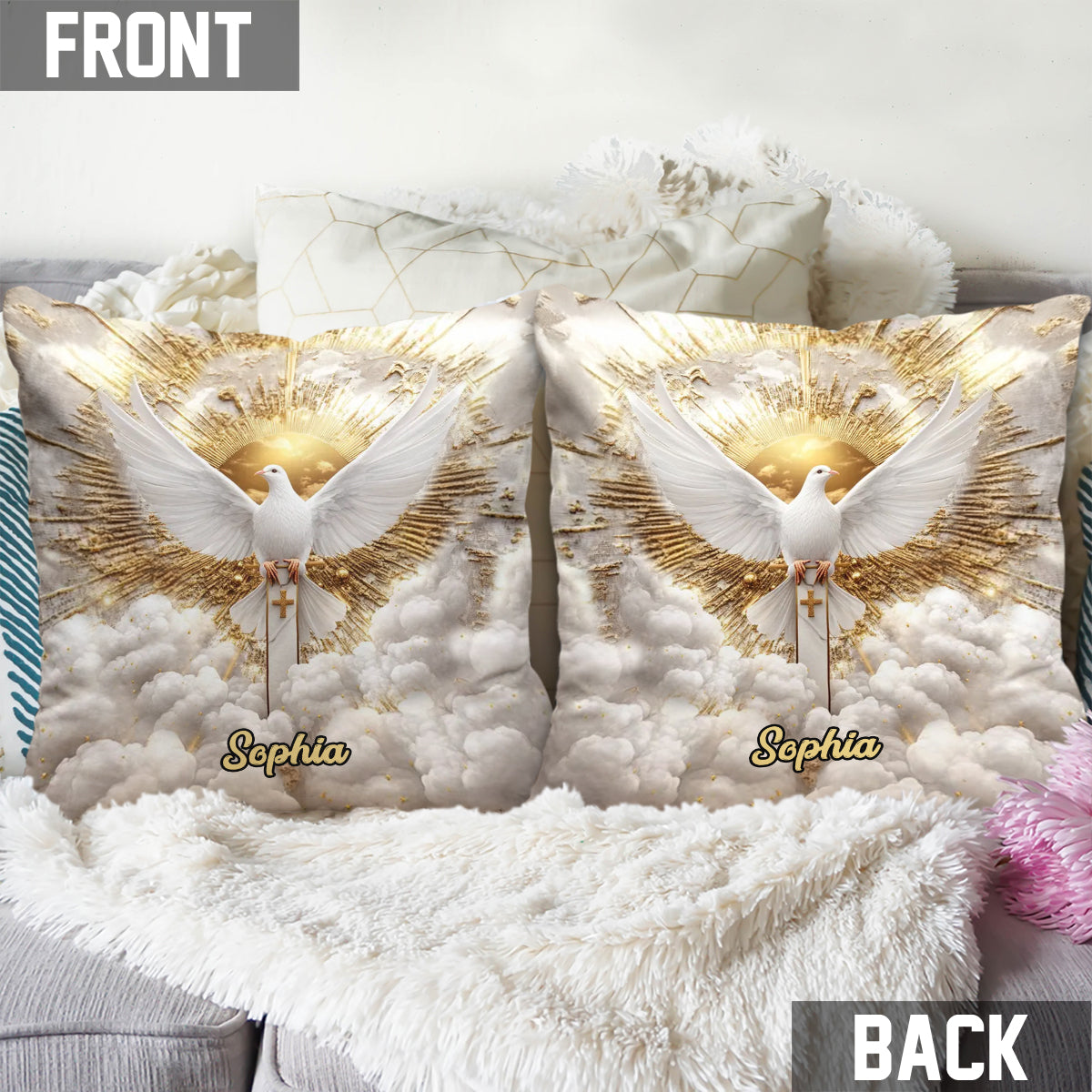 Coussin décoratif chrétien personnalisé « Colombe de la paix »