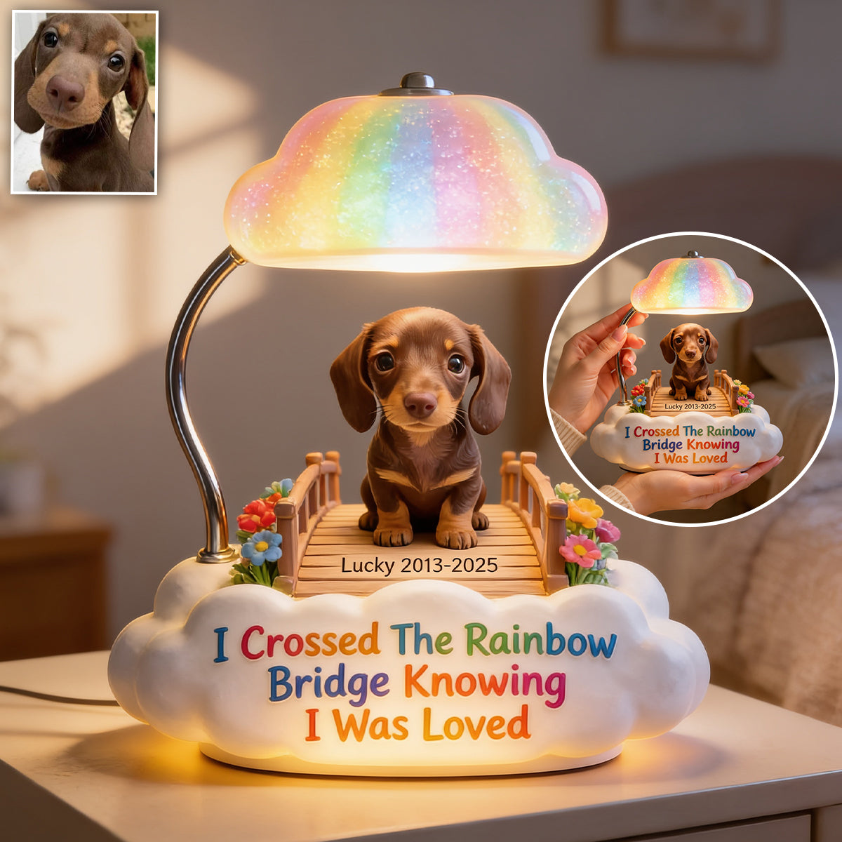 Ich habe die Regenbogenbrücke überquert - Personalisierte Tan Shiba Inu Acryl LED Nachtlicht