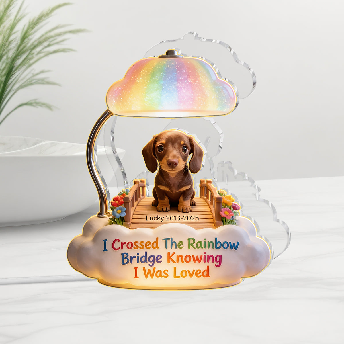 Ich habe die Regenbogenbrücke überquert - Personalisierte Tan Shiba Inu Acryl LED Nachtlicht