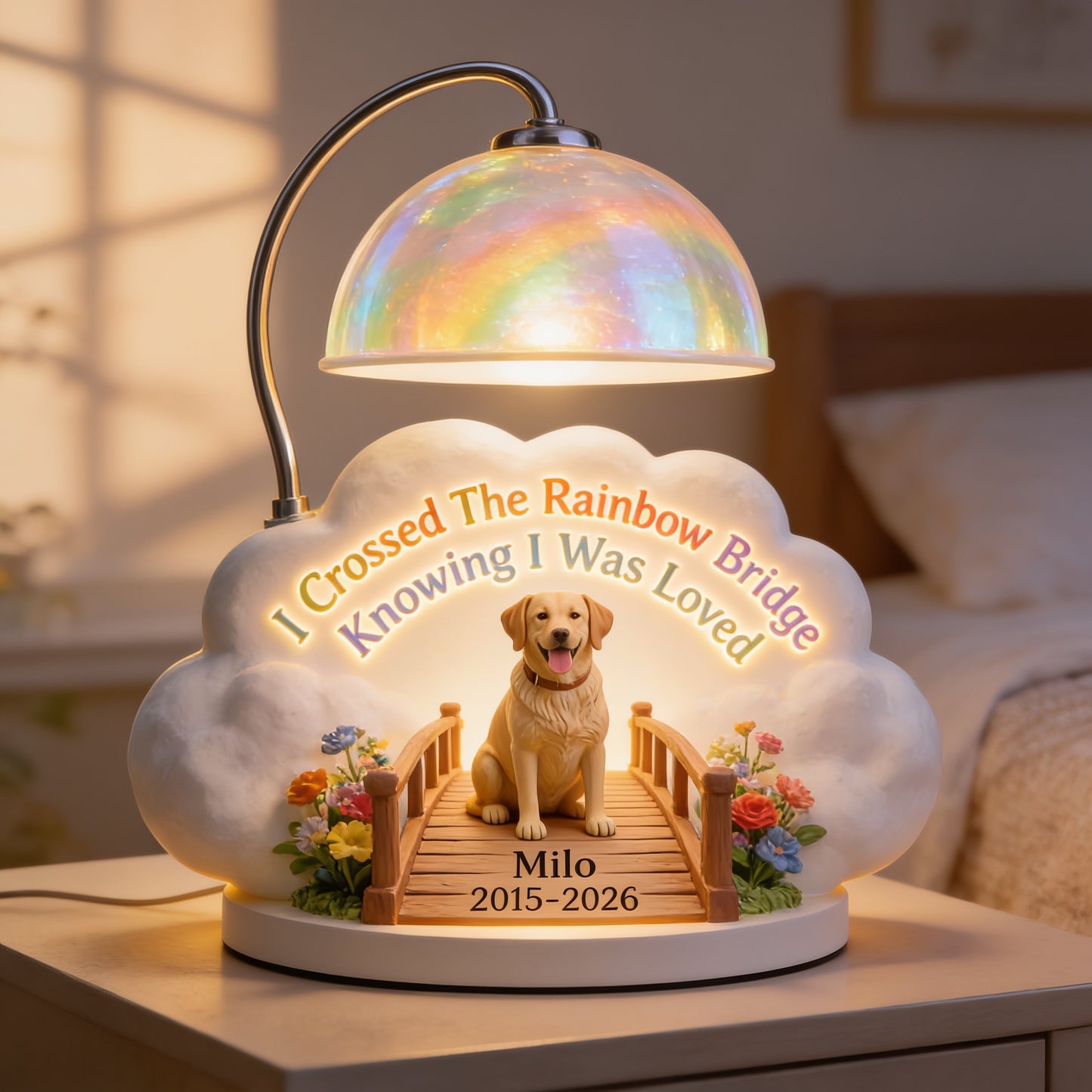 J'ai traversé le pont arc-en-ciel - Lampe de nuit LED acrylique personnalisée Labrador Retriever jaune