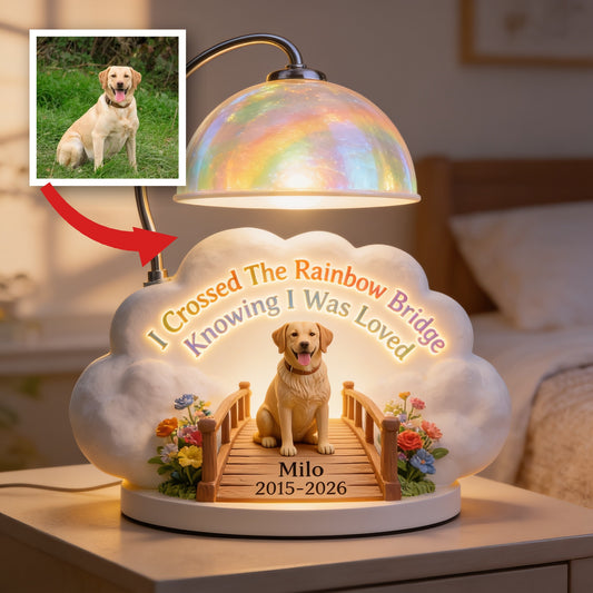 Ich habe die Regenbogenbrücke überquert - Personalisierte gelbe Labrador-Acryl-LED-Nachtlampe