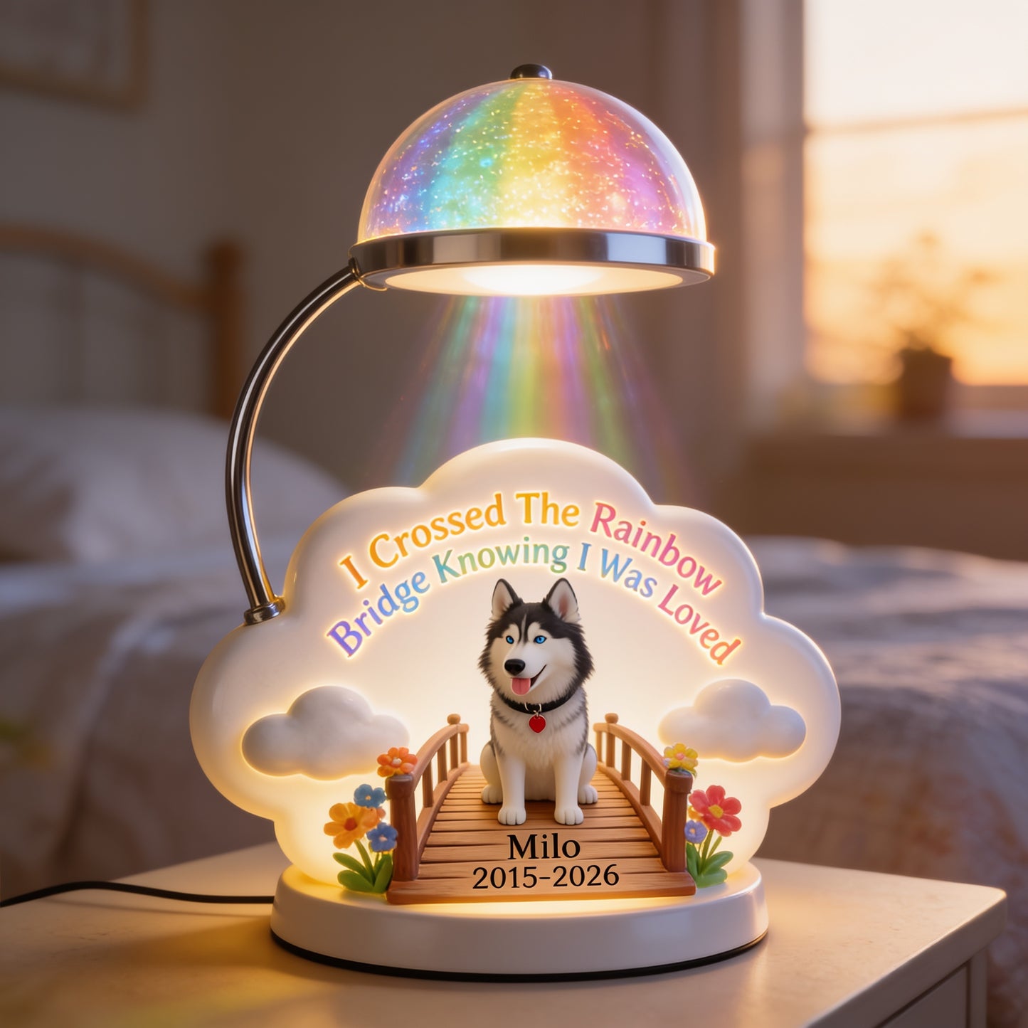 J'ai traversé le pont de l'arc-en-ciel - Lampe de nuit LED acrylique personnalisée Husky sibérien