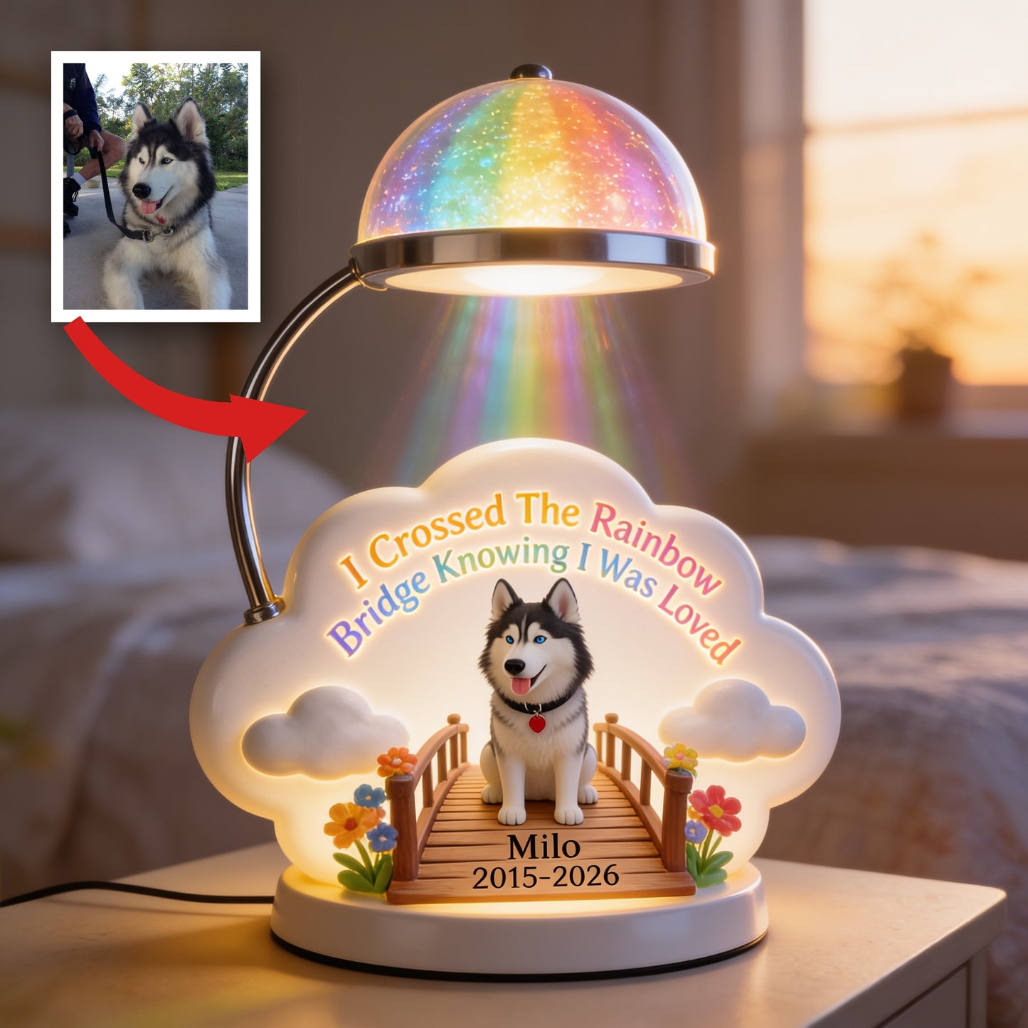 J'ai traversé le pont de l'arc-en-ciel - Lampe de nuit LED acrylique personnalisée Husky sibérien