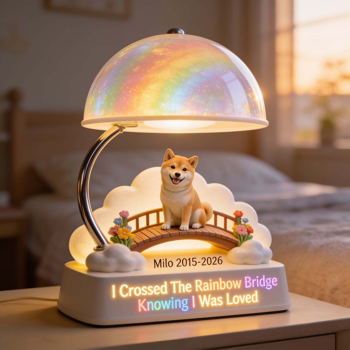 Ich habe die Regenbogenbrücke überquert - Personalisierte Tan Shiba Inu Acryl LED Nachtlicht