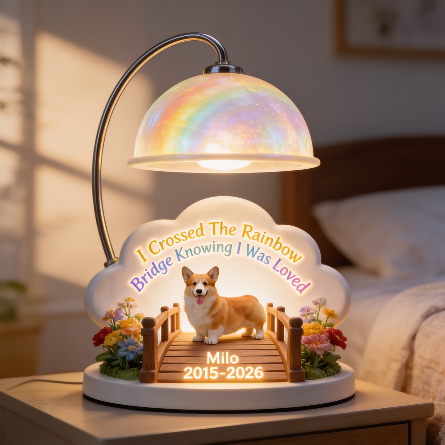 Ich habe die Regenbogenbrücke überquert - Personalisierte Corgi Acryl LED Nachtlicht