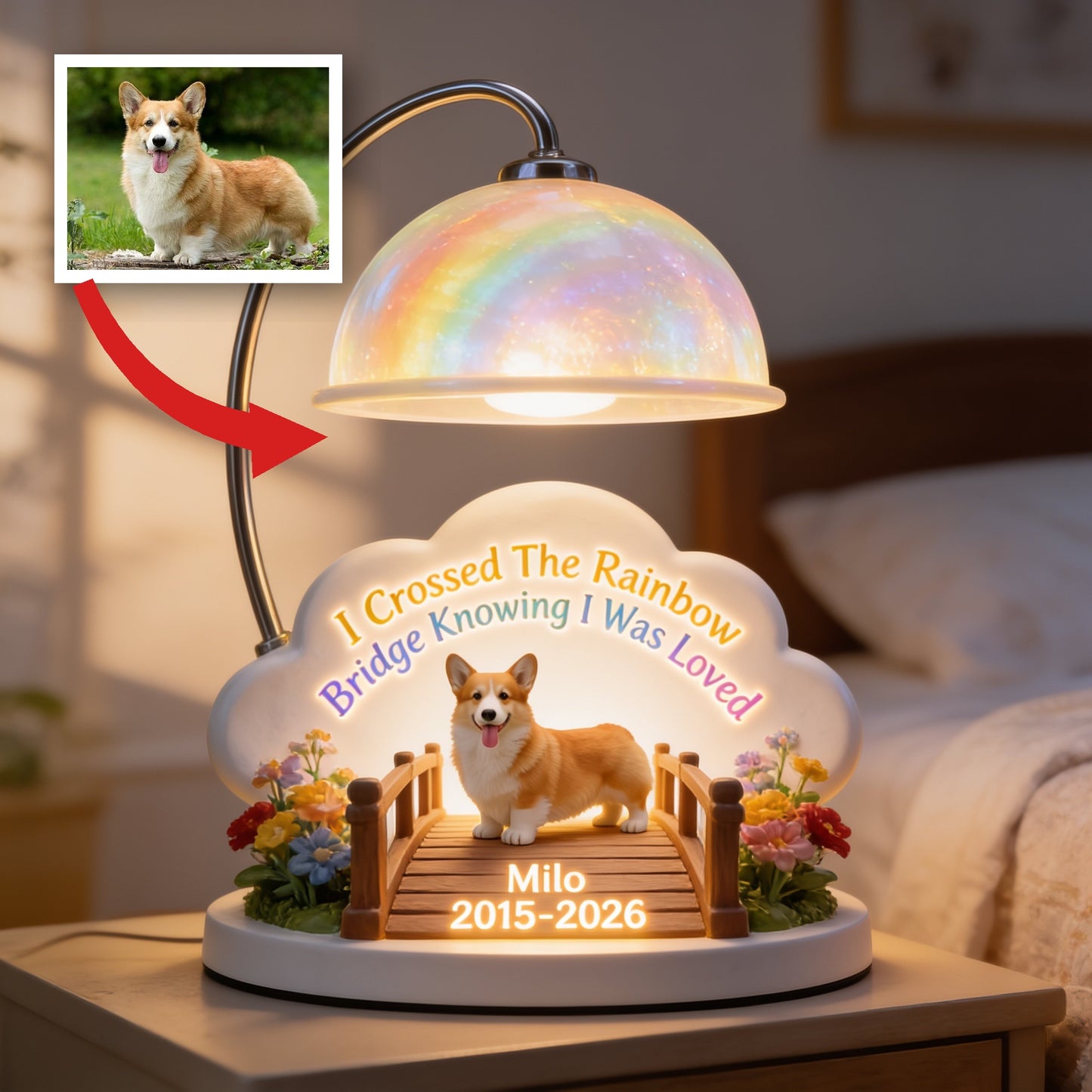 Ich habe die Regenbogenbrücke überquert - Personalisierte Corgi Acryl LED Nachtlicht