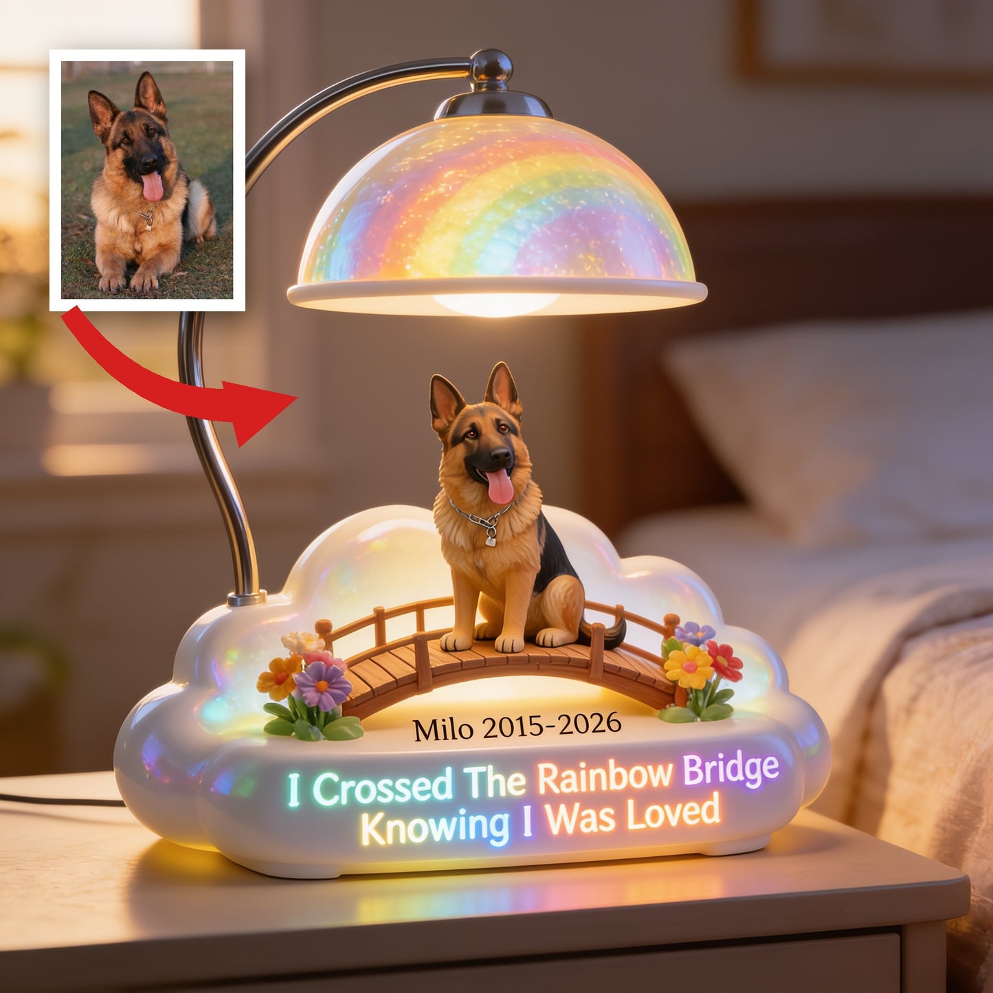 Ich habe die Regenbogenbrücke überquert - Personalisierte Deutsche Schäferhund Acryl LED Nachtlicht