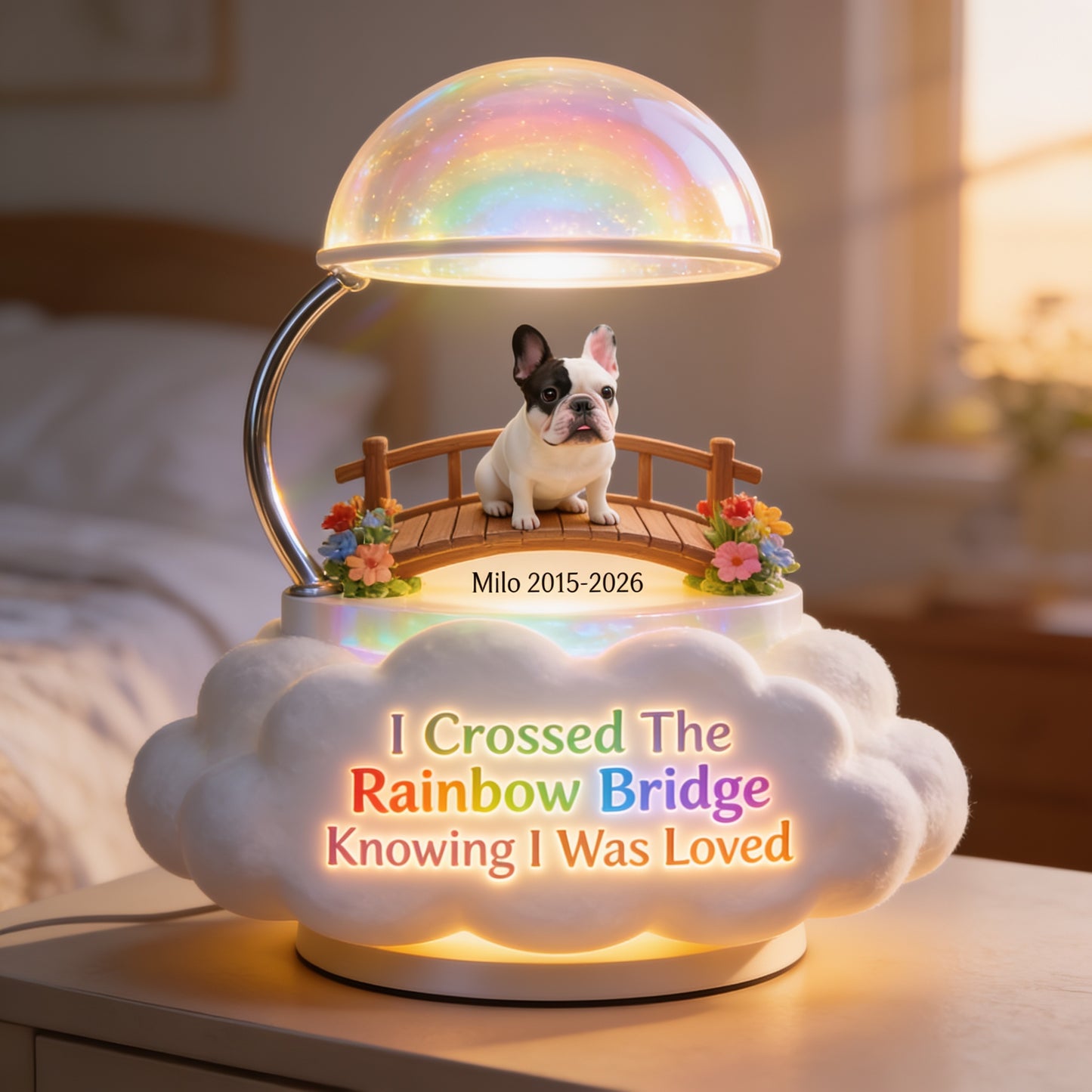 J'ai traversé le pont de l'arc-en-ciel - Lampe de nuit LED acrylique personnalisée pour Bulldog Français