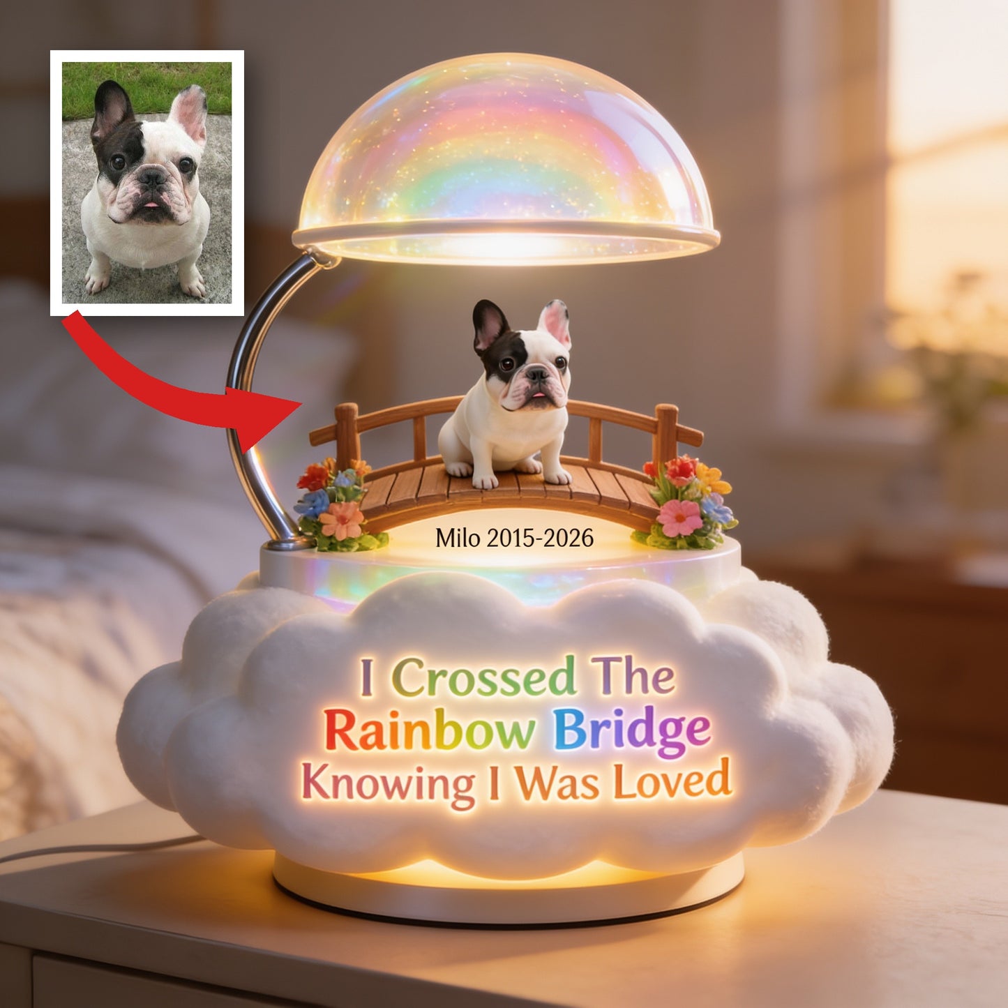 J'ai traversé le pont de l'arc-en-ciel - Lampe de nuit LED acrylique personnalisée pour Bulldog Français