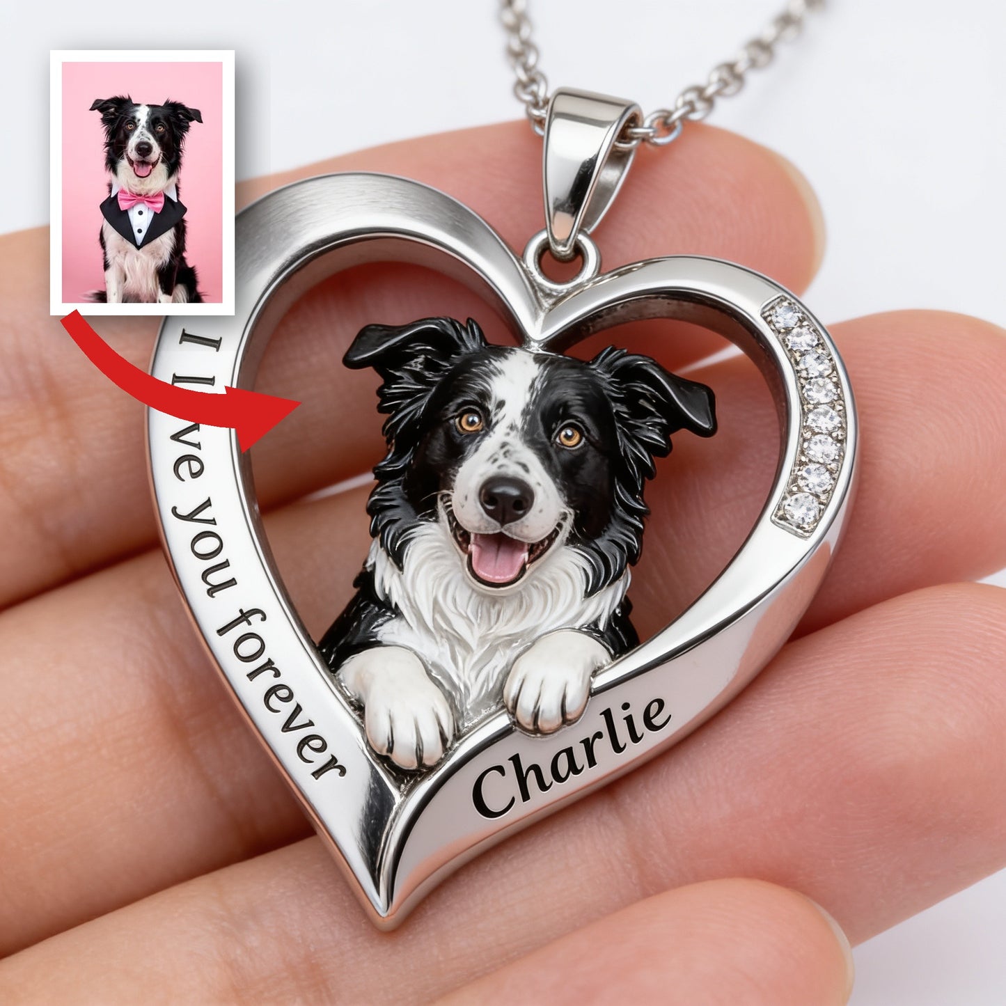 Personalisierter Anhänger in Form eines Border Collies - Schwarz-Weiß
