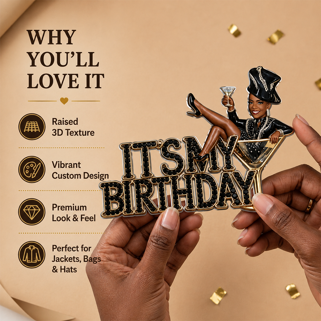 Es ist mein Geburtstag - Personalisierte 3D-Relief-Emailleschließe mit einer Frau mit lockigem Haar