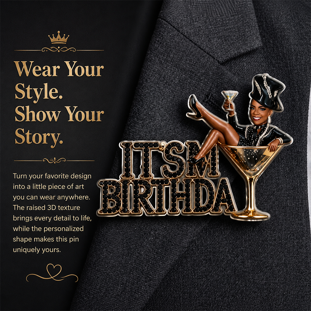 Es ist mein Geburtstag - Personalisierte 3D-Relief-Emailleschließe mit einer Frau mit lockigem Haar