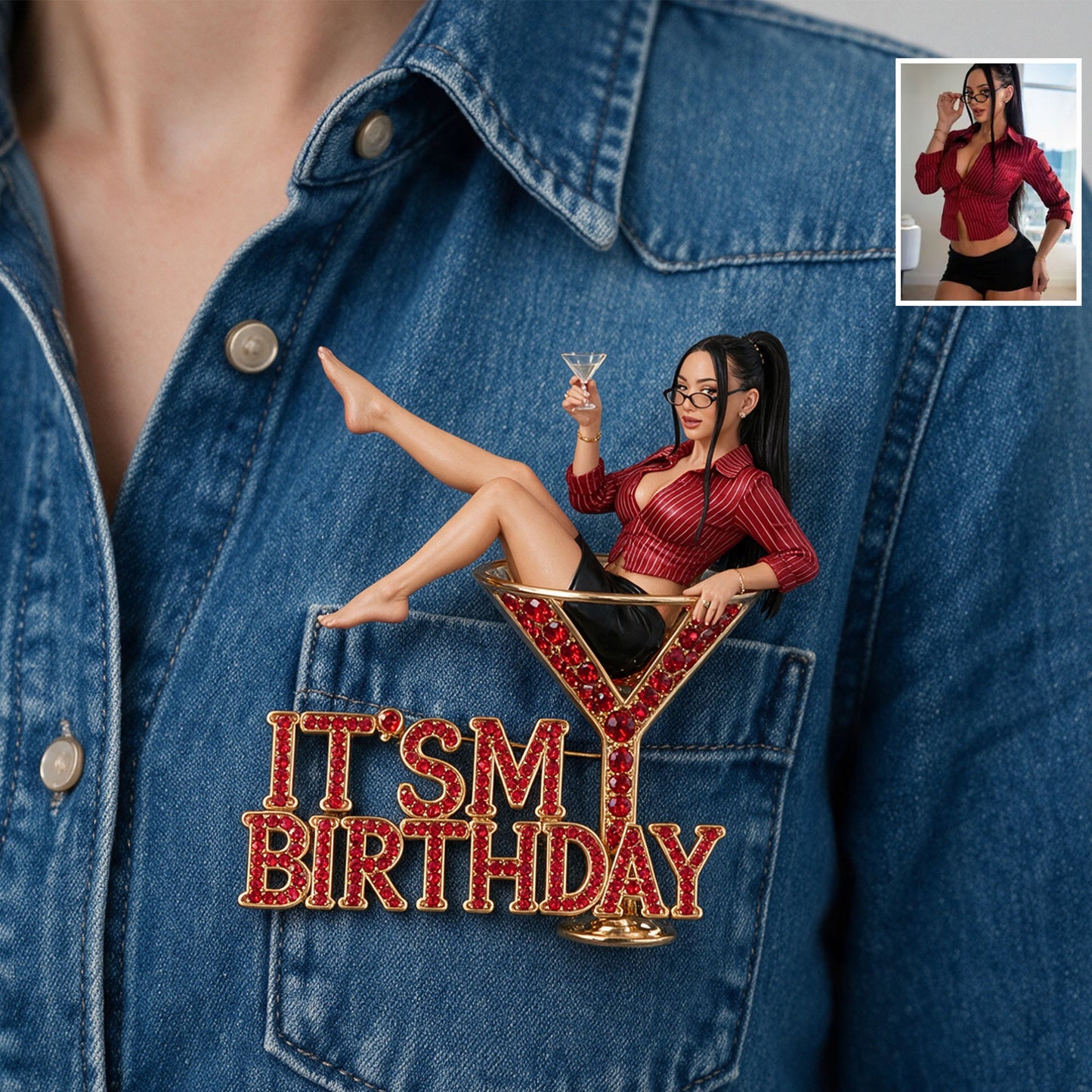 Es ist mein Geburtstag - Personalisierte 3D-Relief-Emailleschließe mit einer Frau mit lockigem Haar