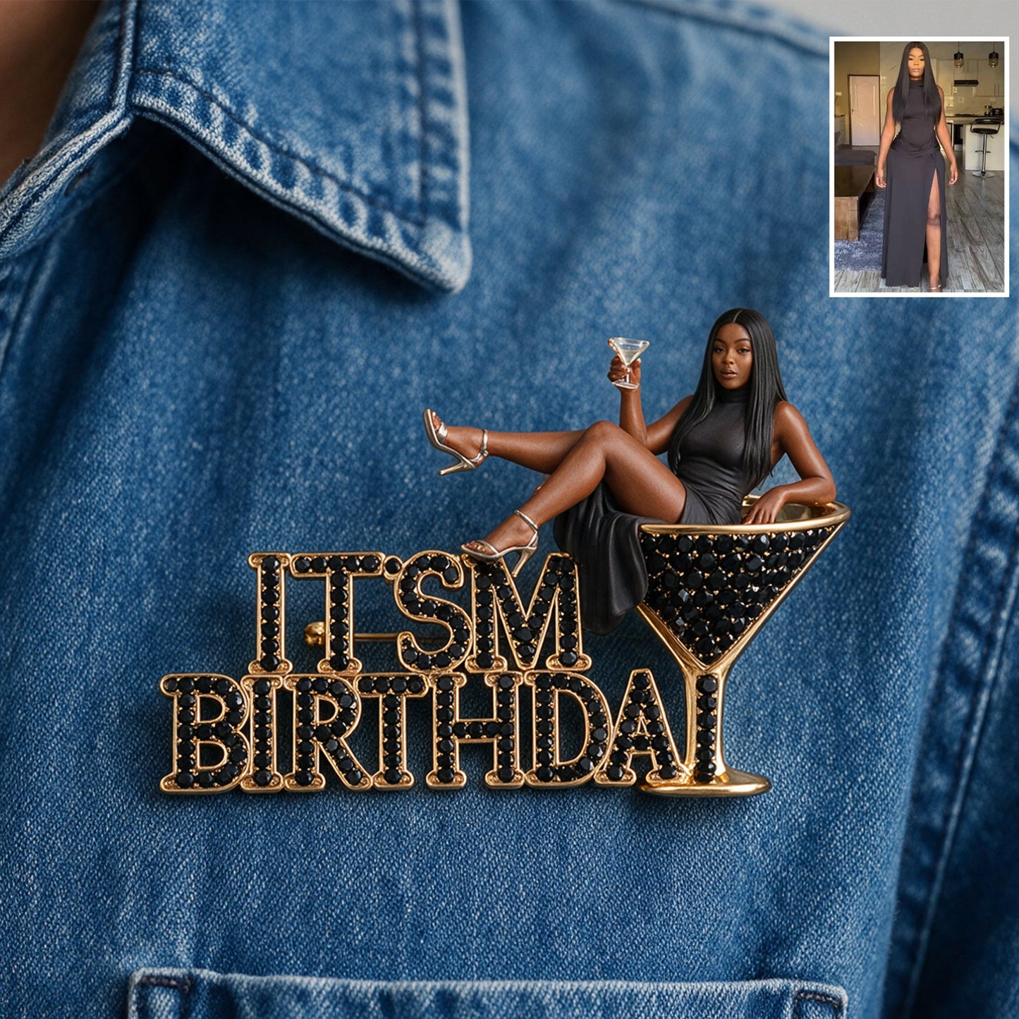 Es ist mein Geburtstag - Personalisierte 3D-Relief-Emailleschließe mit einer Frau mit lockigem Haar