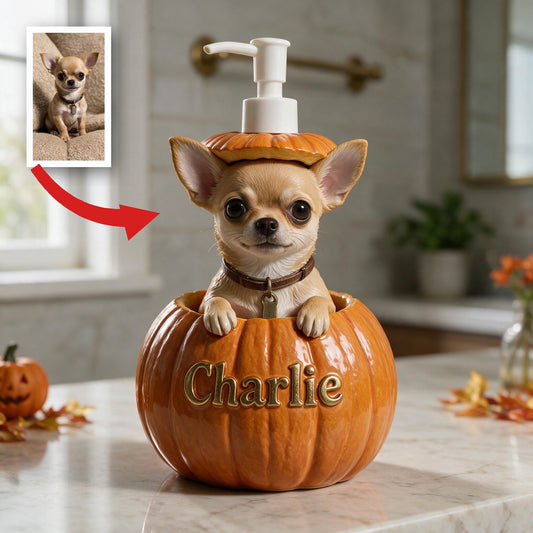 Personalized Peekaboo Tan Chihuahua Pumpkin Soap Dispenser | Cute Fall Halloween Dog Lover Home Decor Gift