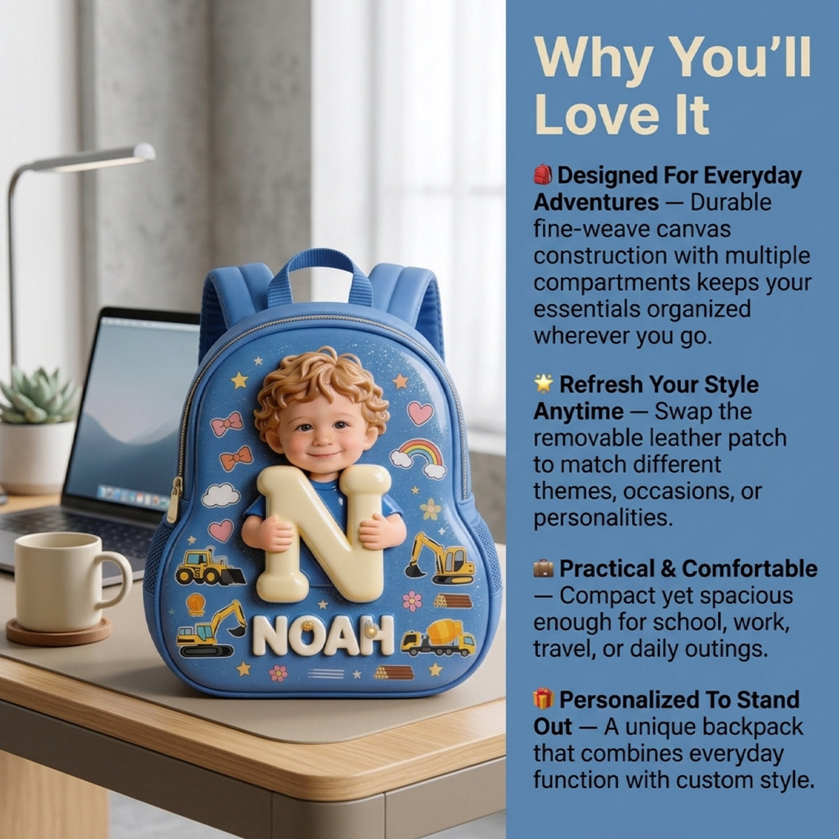 Personalized Curly Haired Latin Baby Boy Backpack Custom 3D Name Initial Toddler School Bag Cute Back to School Gift for Little Boys