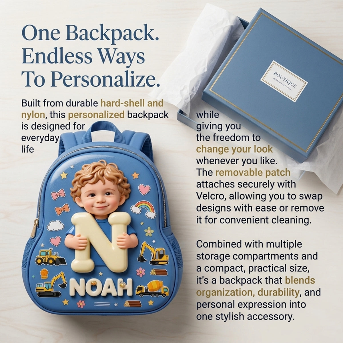 Personalized 3D Blonde Baby Boy Backpack Custom Name Changeable Patch Toddler School Gift for Little Boys