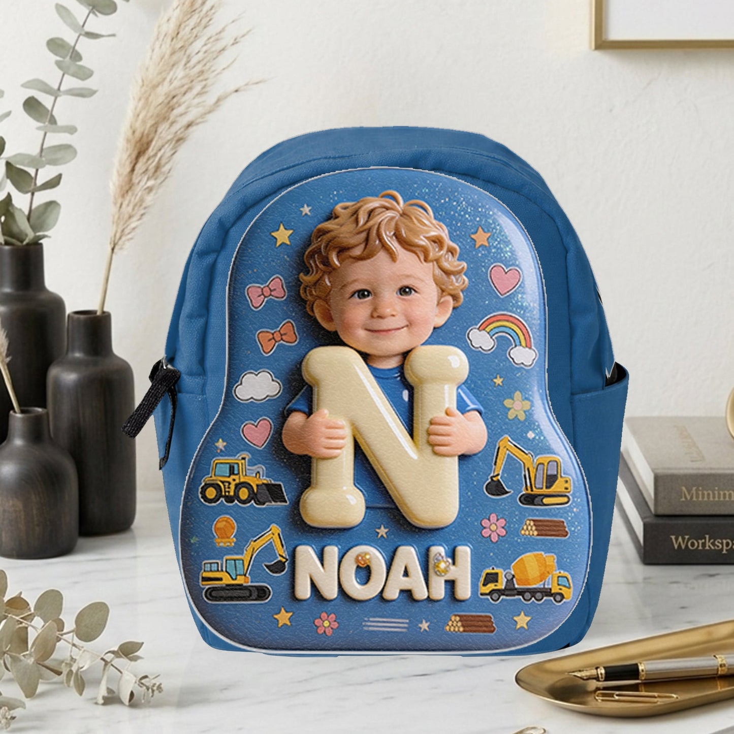 Personalized 3D Smiling Curly Haired Toddler Baby Boy Backpack Custom Name Patch Kids School Bag Gift