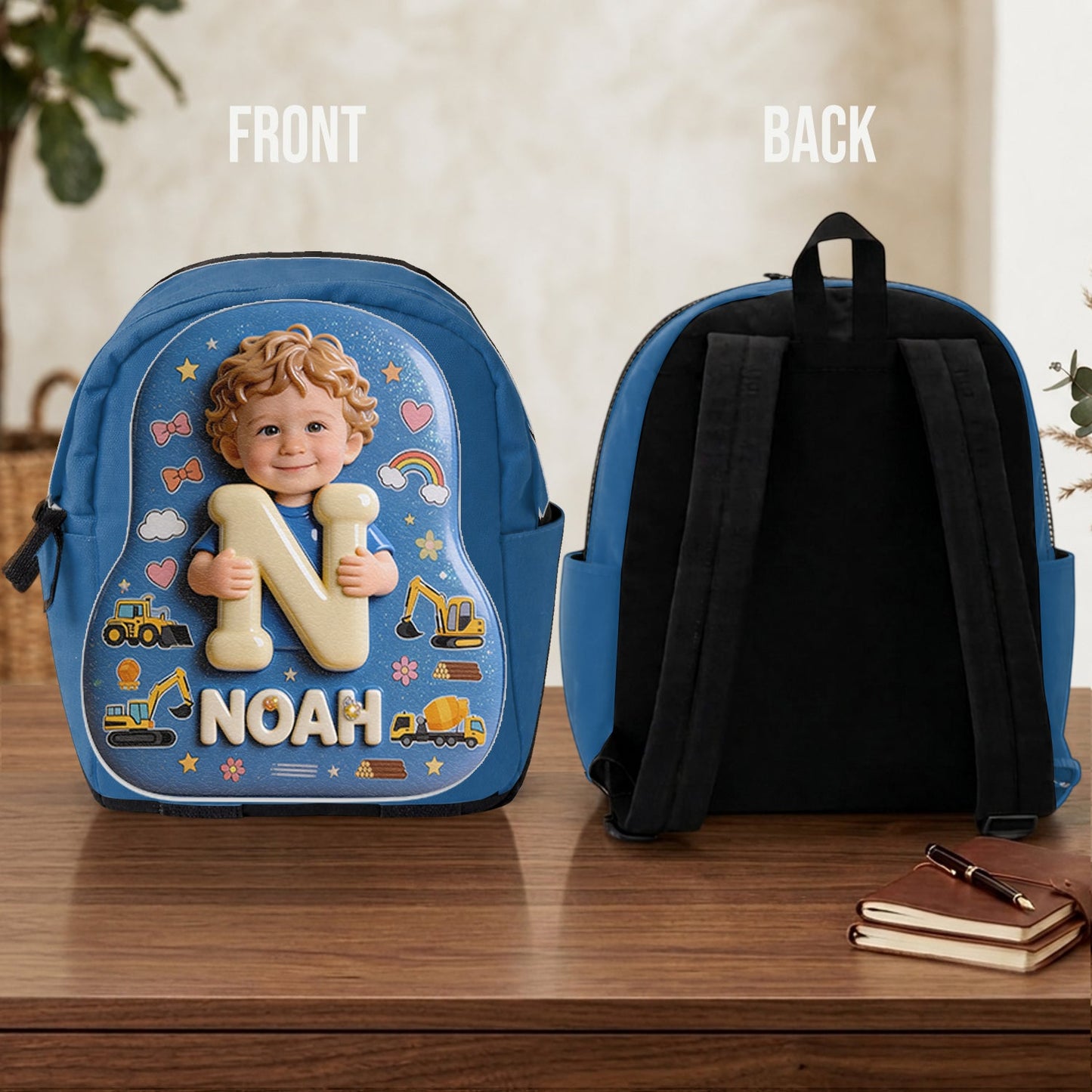 Personalized 3D Smiling Curly Haired Toddler Baby Boy Backpack Custom Name Patch Kids School Bag Gift