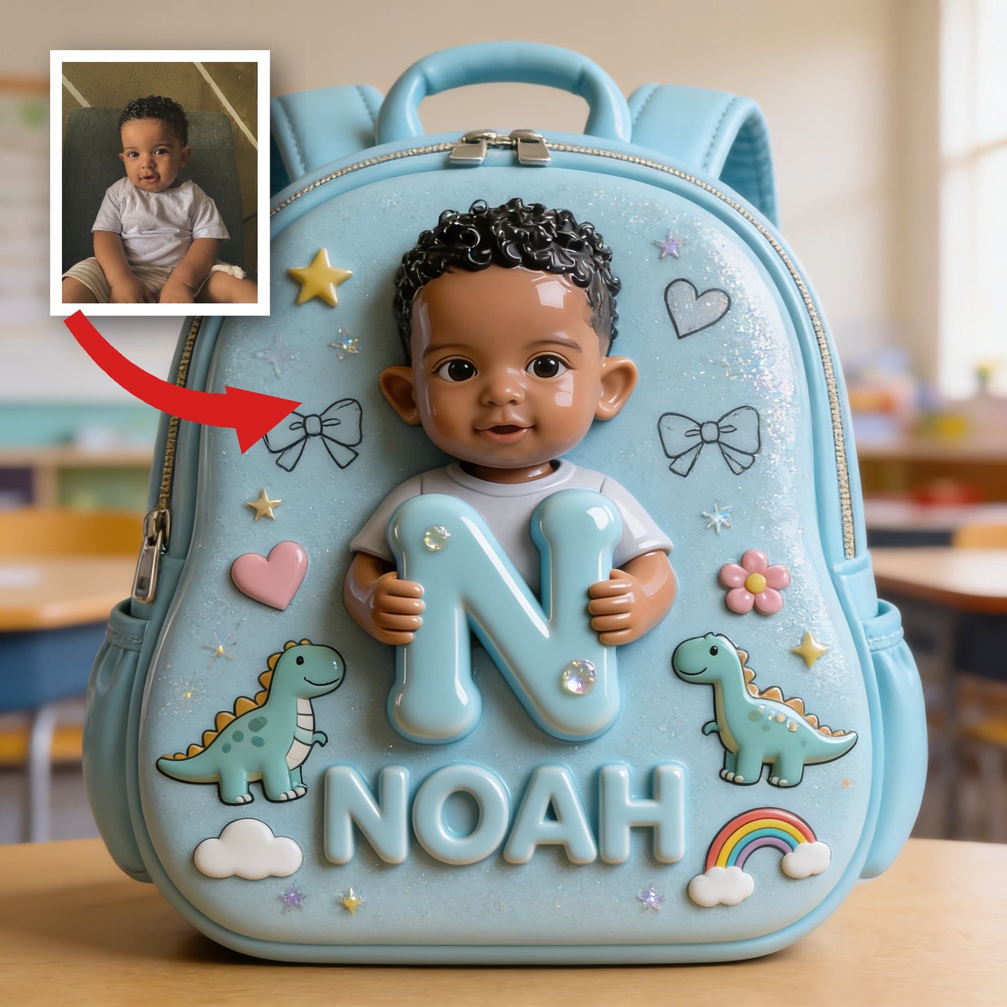 Personalized 3D Curly Hair Black Baby Boy Custom Name Backpack, Cute Toddler Preschool Gift for Little Boys