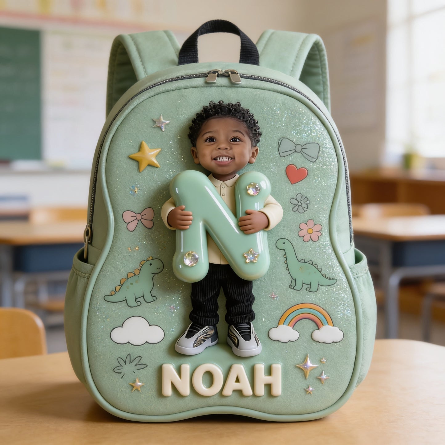 Personalized 3D Smiling Curly Haired Toddler Baby Boy Backpack Custom Name Patch Kids School Bag Gift
