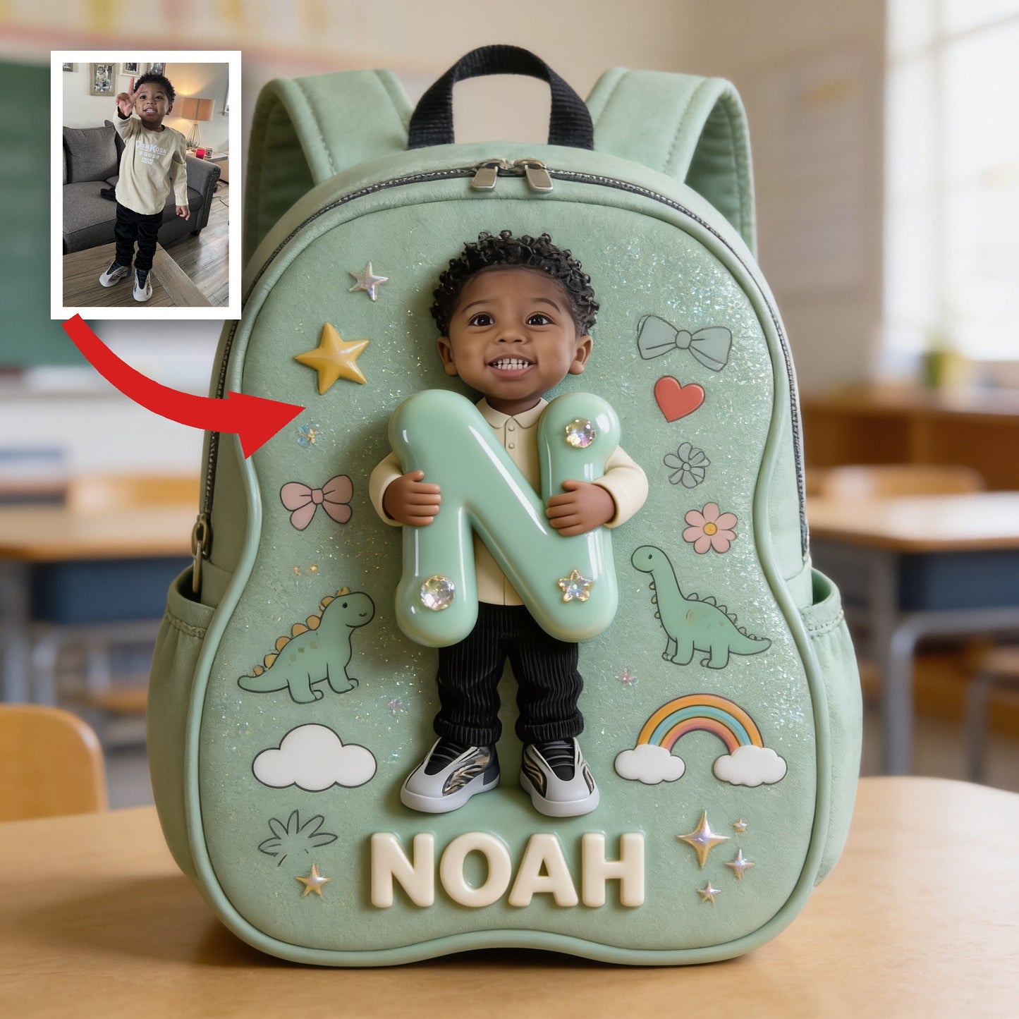 Personalized 3D Smiling Curly Haired Toddler Baby Boy Backpack Custom Name Patch Kids School Bag Gift